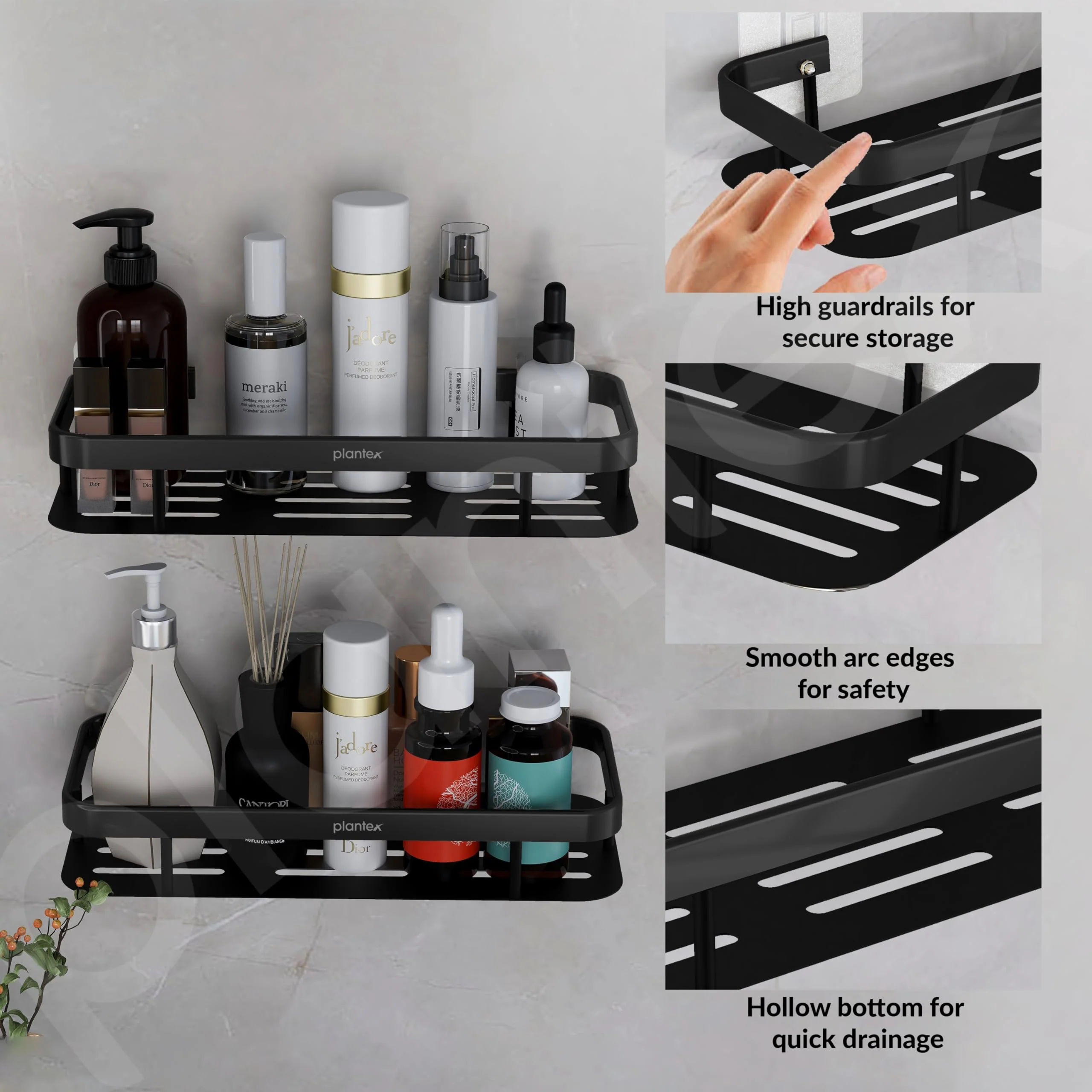 Plantex Bathroom Shelf for Wall/Wall Mounted Shelves Without Drill/Self Adhesive Bathroom Shelf/Rack/Kitchen Organizer with Magic Sticker(12x5 inches, Matt Black) - Image 6