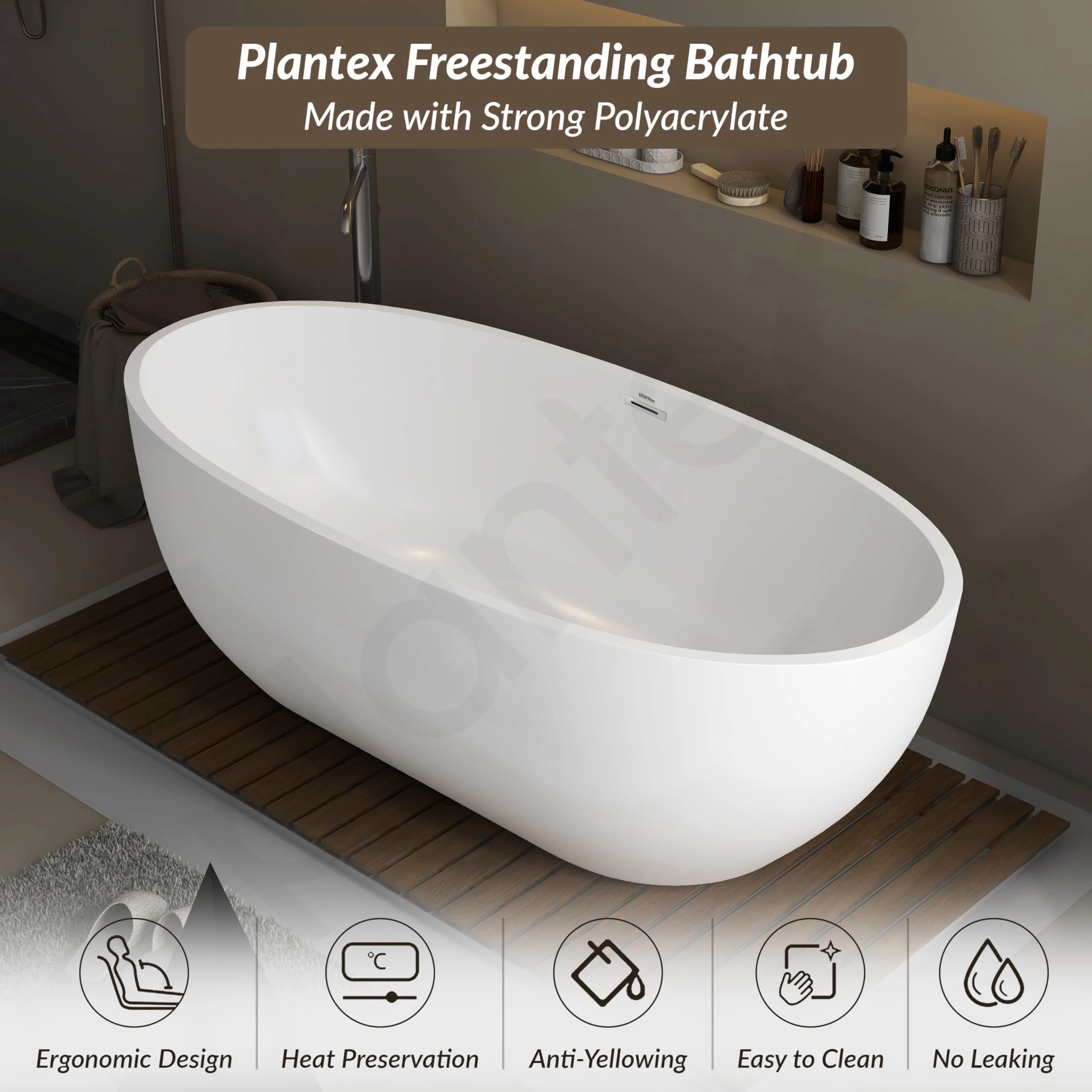 Plantex Bathtub For Bathroom/Bath tub for Adults/Deep Soaker Freestanding Bathtub with Overflow, Popup and Drain Pipe (BSM-211-White-1700mm) - Image 3