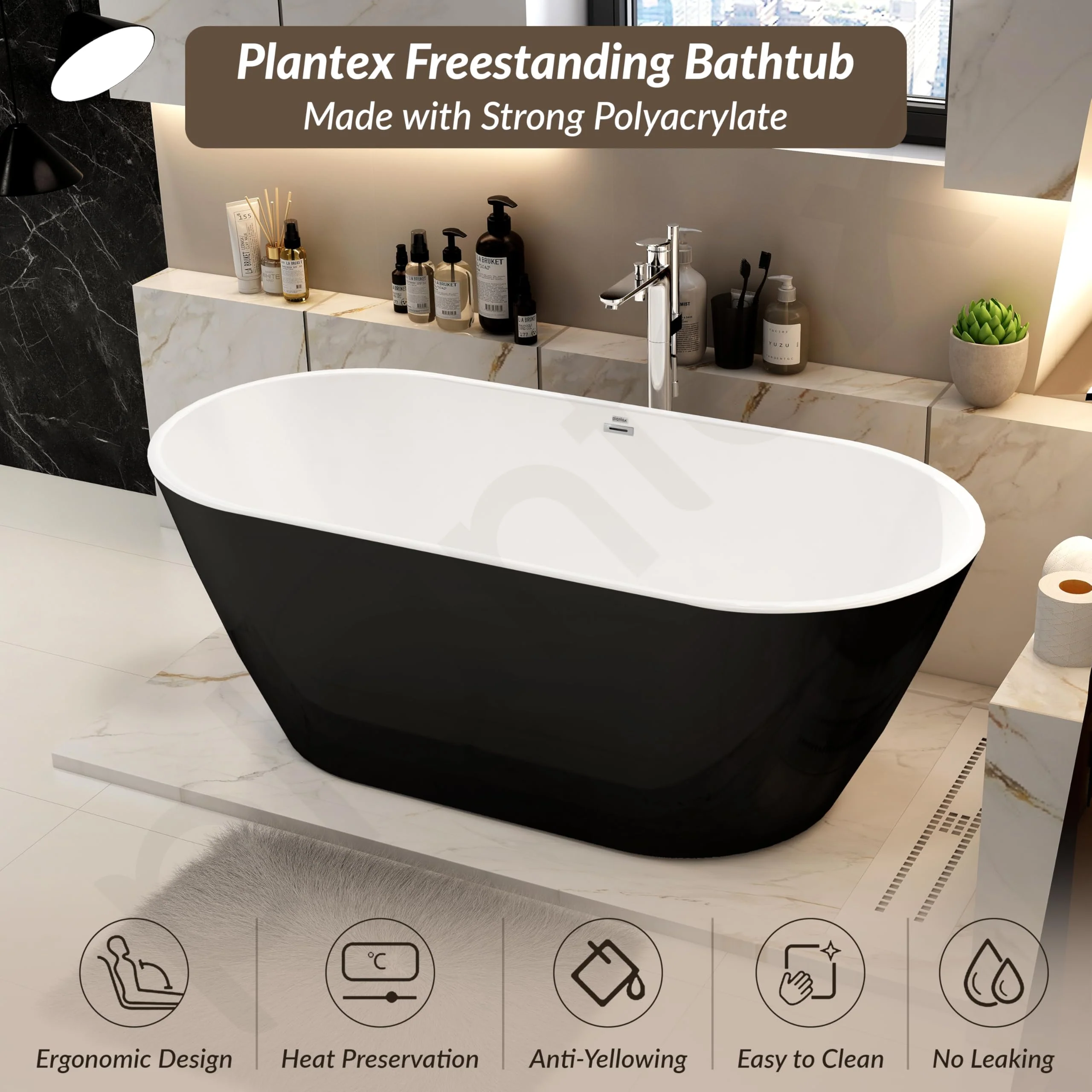 Plantex Bathtub For Bathroom/Freestanding Bath tub for Adults/Deep Soaker Bathtub with Overflow, Popup and Drain Pipe (BSM-203-Black & White-1700mm) - Image 2