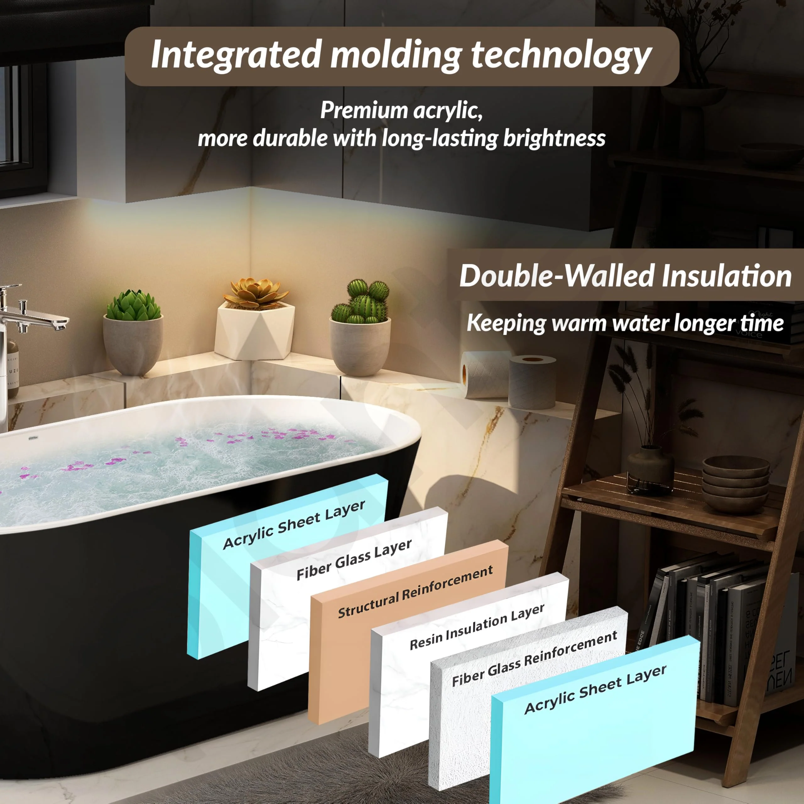 Plantex Bathtub For Bathroom/Freestanding Bath tub for Adults/Deep Soaker Bathtub with Overflow, Popup and Drain Pipe (BSM-203-Black & White-1700mm) - Image 6