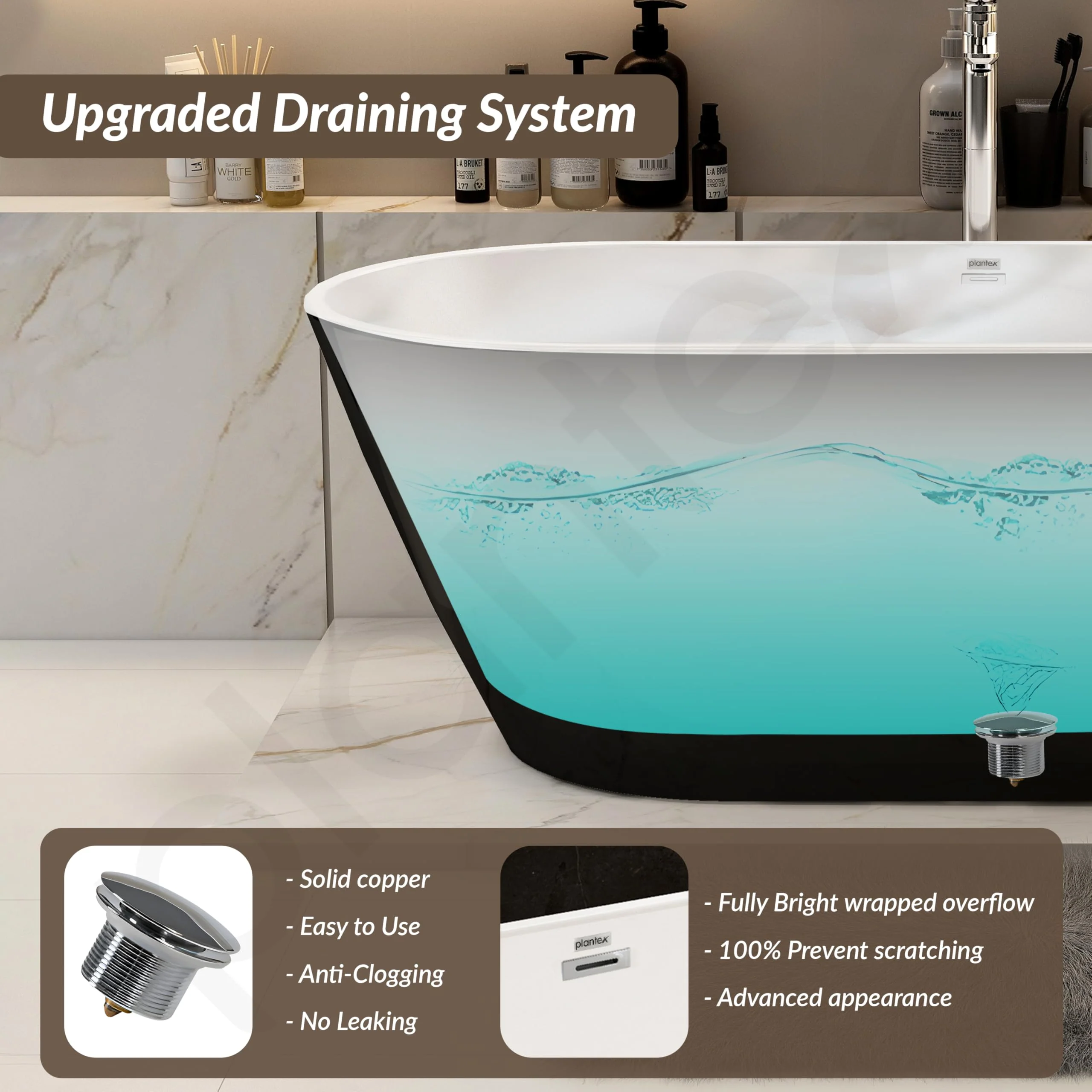 Plantex Bathtub For Bathroom/Freestanding Bath tub for Adults/Deep Soaker Bathtub with Overflow, Popup and Drain Pipe (BSM-203-Black & White-1700mm) - Image 7