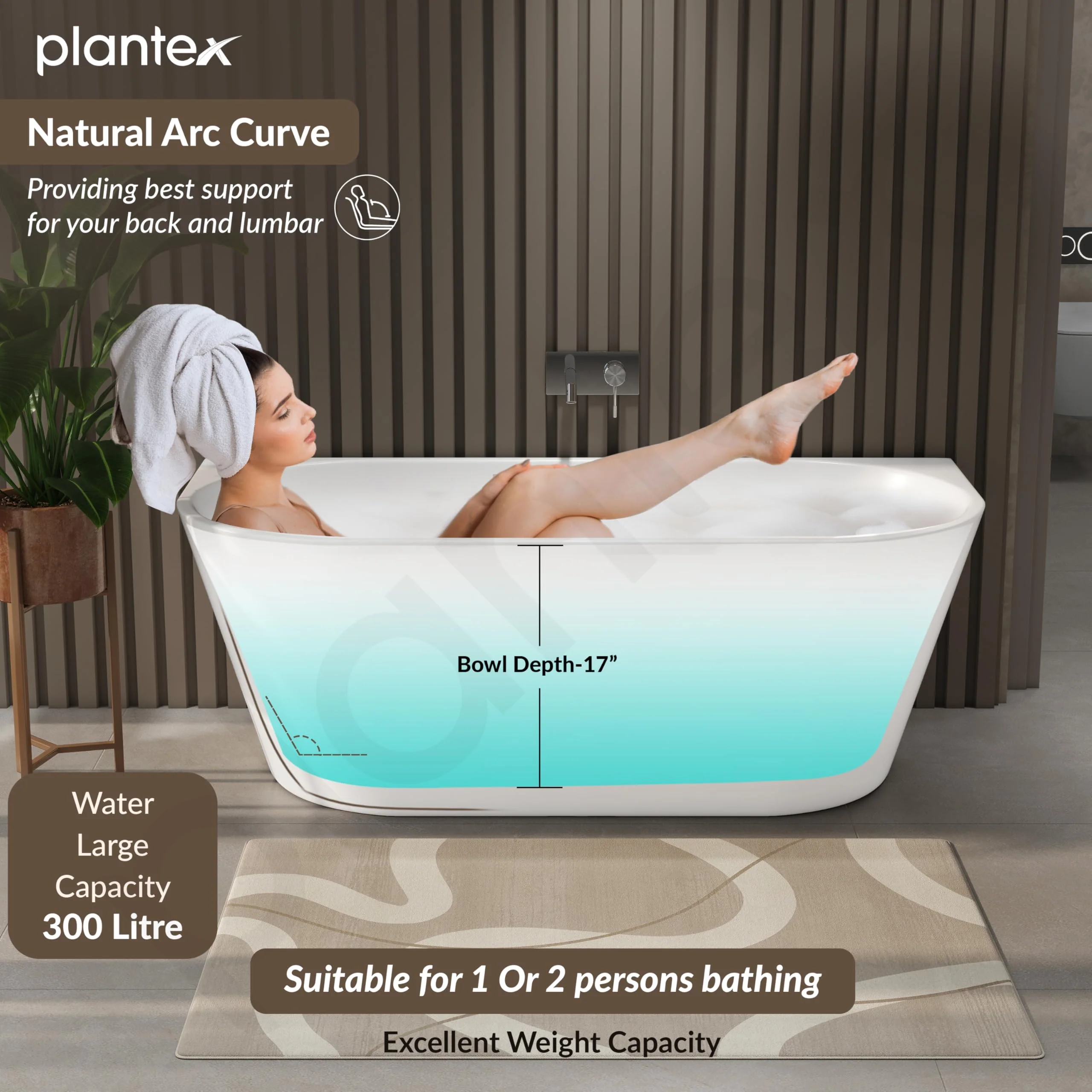 Plantex Bathtub For Bathroom/Freestanding Bath tub for Adults/Deep Soaker Bathtub with Overflow, Popup and Drain Pipe (BSM-207A-White-1700mm) - Image 5