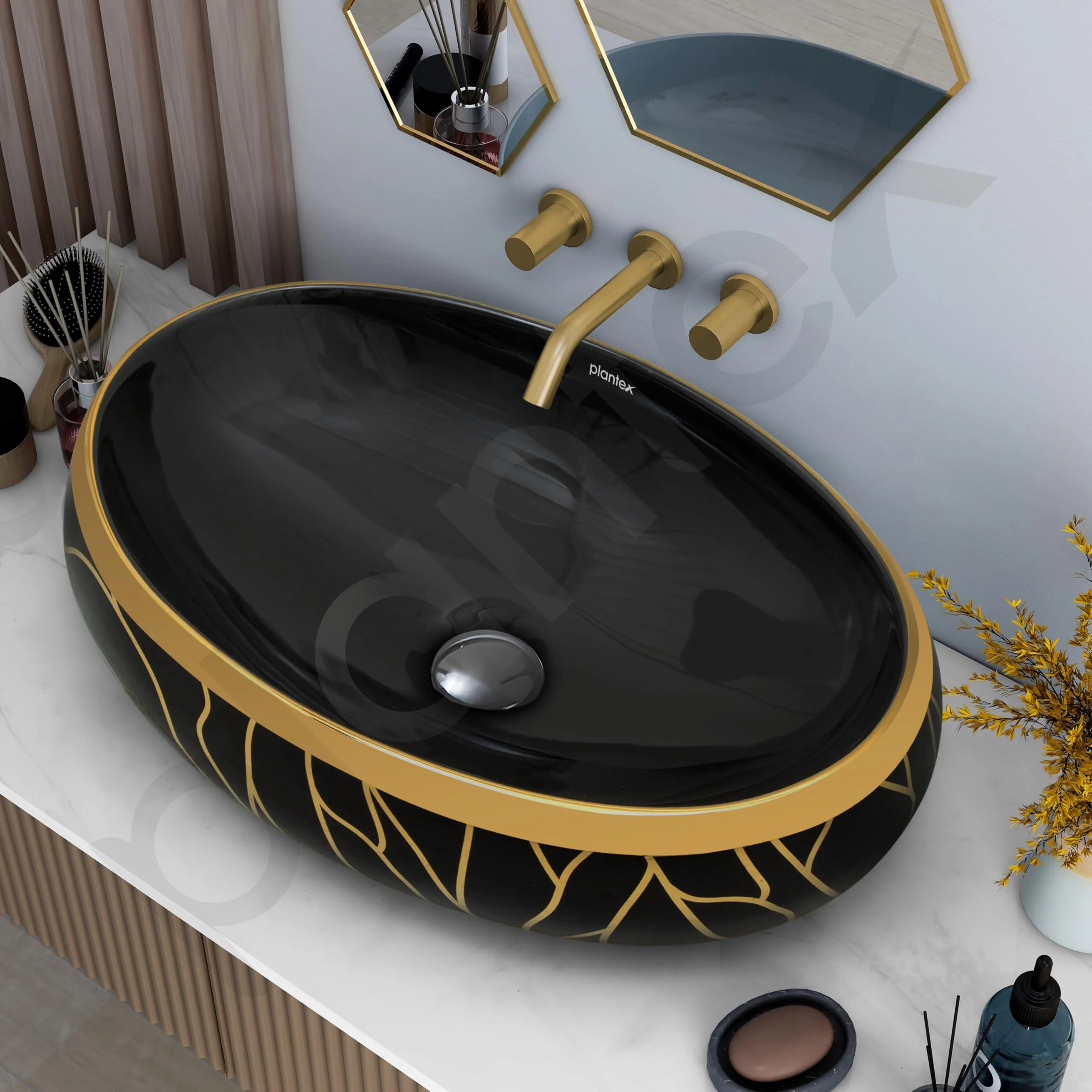 Plantex Black Wash Basin for Bathroom/Table Top Ceramic Basin/Oval Hand Wash Sink for Home/Hotel 23.5x16x6 Inch - Black&Gold) - Image 6