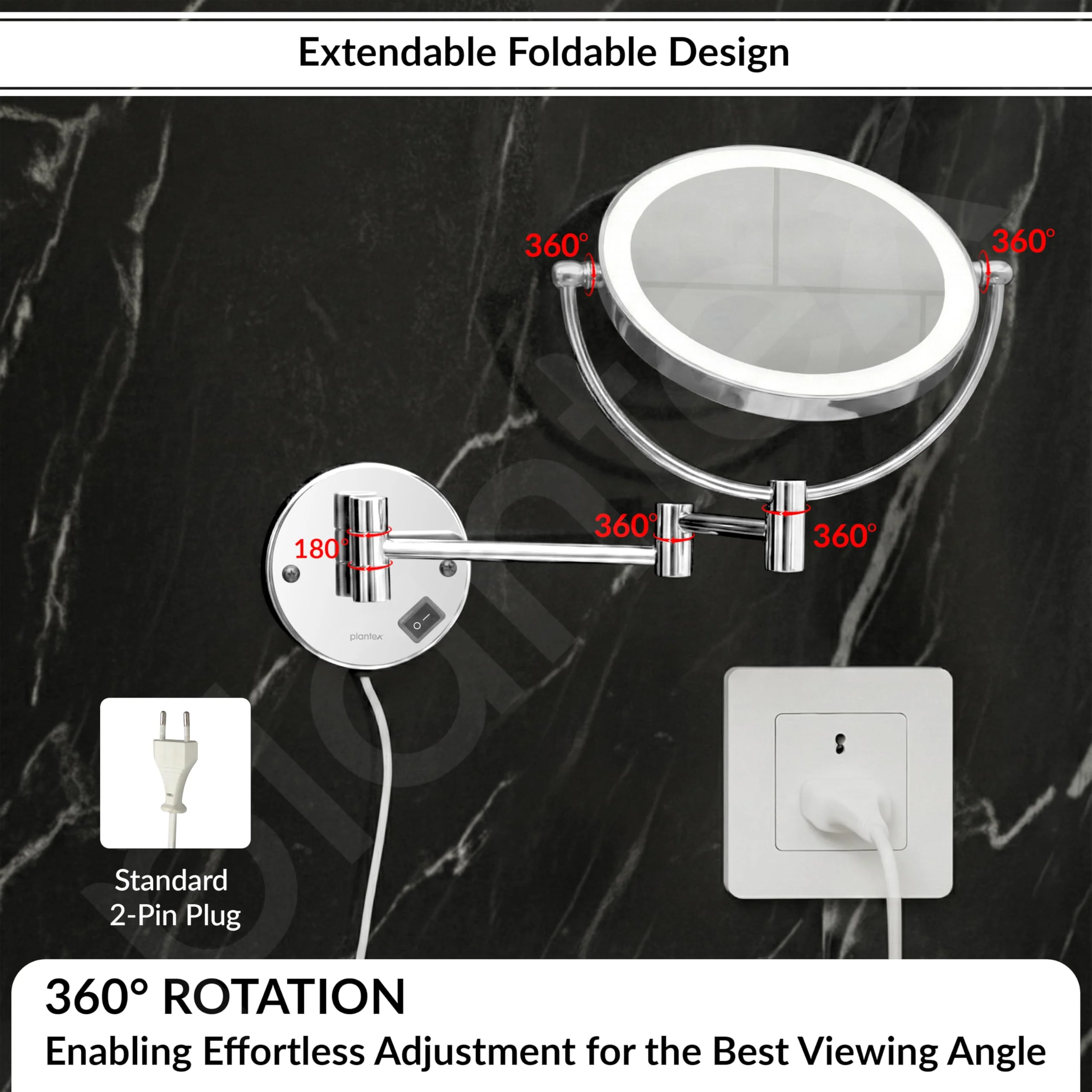 Plantex Brass and 304 Stainless-Steel Magnifying Mirror with LED/Makeup Mirror with Light/Zoom Mirror- 5x/1x Magnification (8 Inch-Chrome/Wall Mount) - Image 4