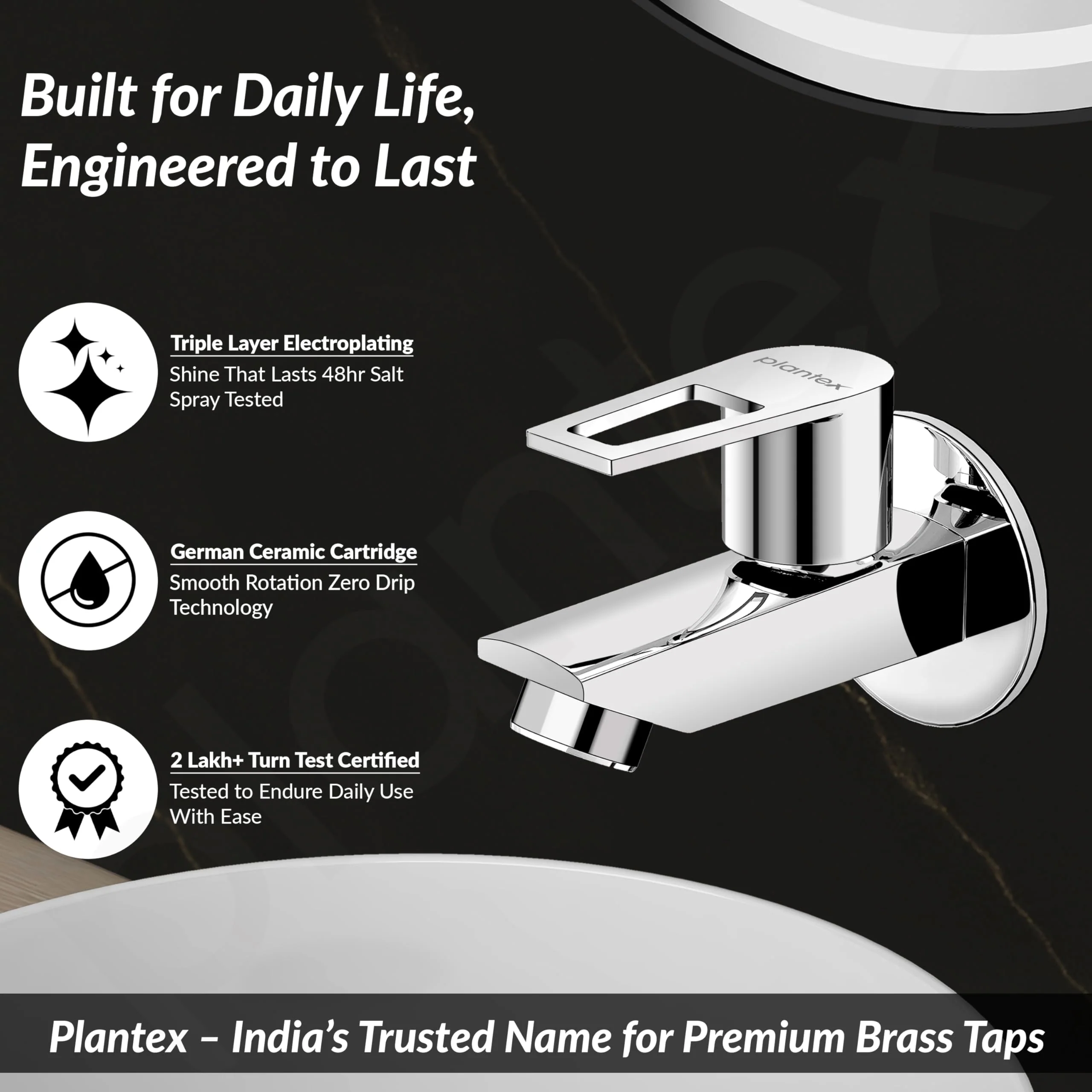Plantex Brass Bib Cock Water Tap for Bathroom with Water Saving Aerator/Wall Mount Tap for Wash Basin with Teflon Tape & Wall Flange, Chrome (3202, Chrome) - Image 3
