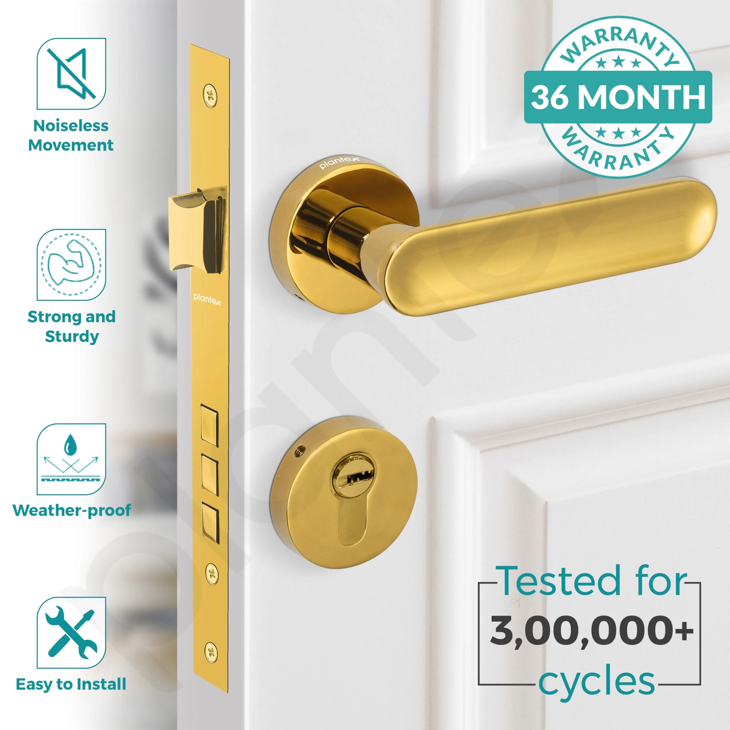 Plantex Brass Premium Door Lock With 3 Years Warranty - Main Door Knob for Home, Mortise Lock Set With PVD Gold Finish - Image 2