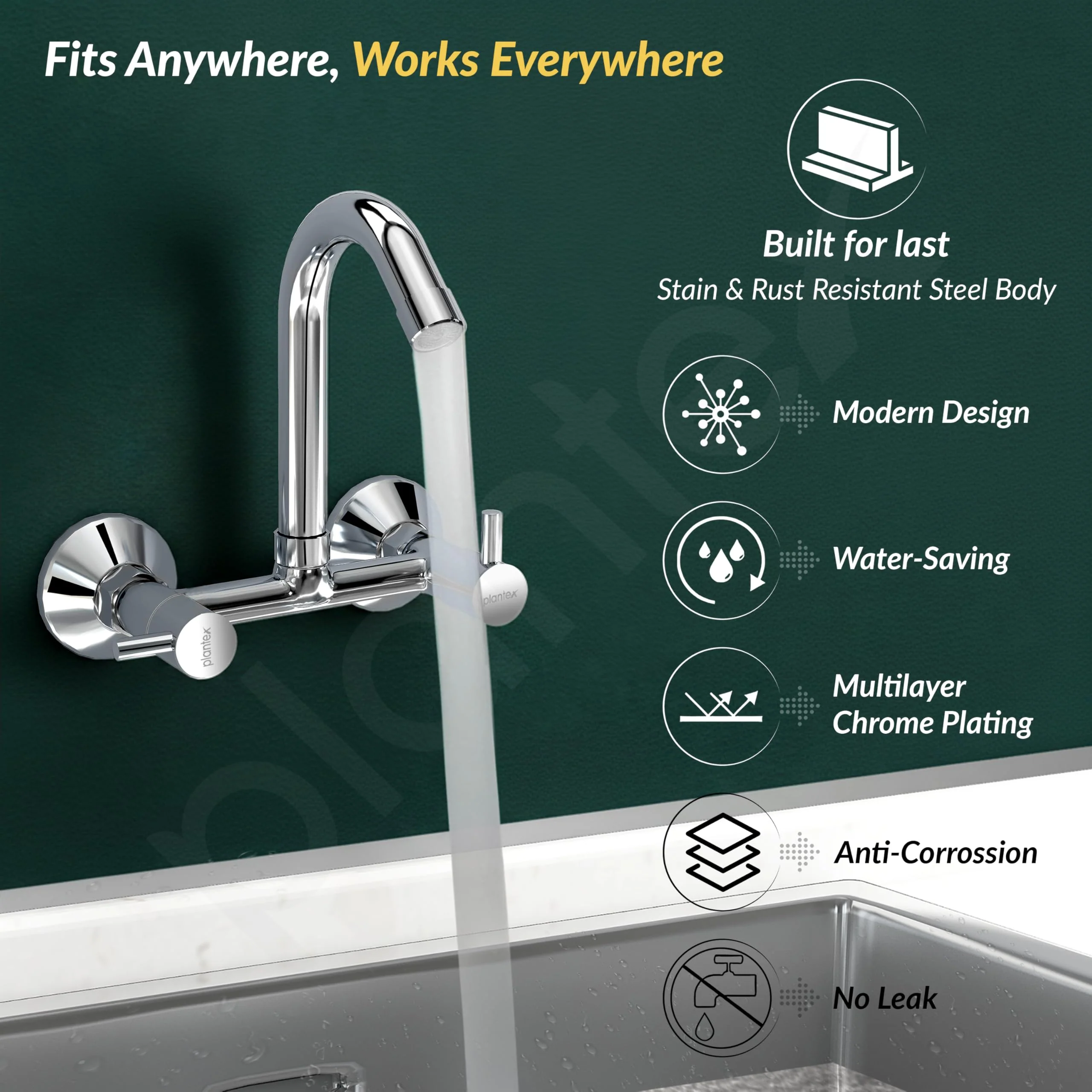 Plantex Brass Spindle Kitchen Mixer Tap/Sink Mixer Tap Hot and Cold with Wall Flange and Teflon Tape/Kitchen Sink Tap -(MKS-1278-Chrome) - Image 2