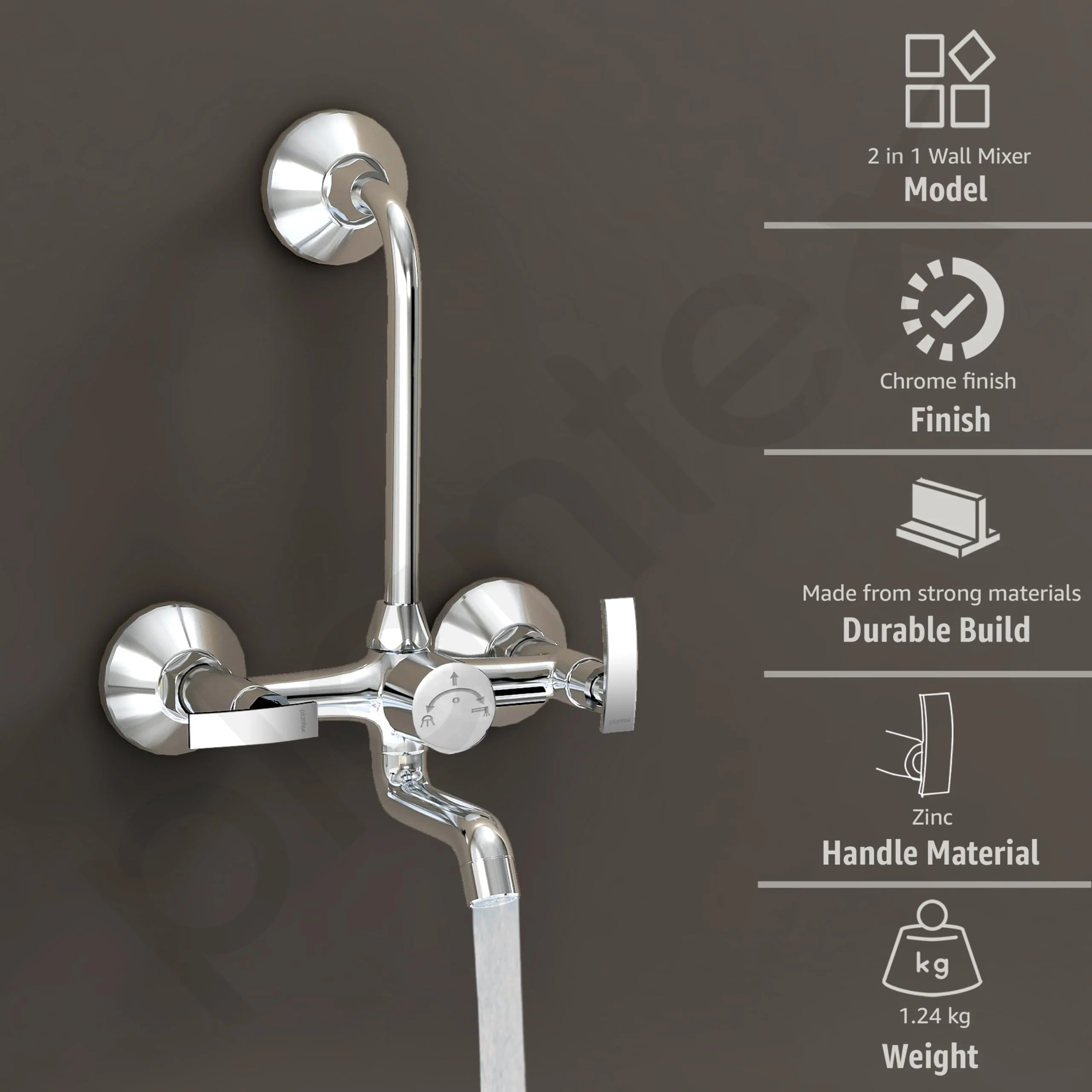 Plantex Brass Spindle Wall Mixer for Bathroom 2 in 1 with L-Bend Provision for Overhead Shower/Mixer Tap for Bathroom with Water Saving Nozzle and Wall Flange and Teflon Tape (SMR-1269-Chrome) - Image 2