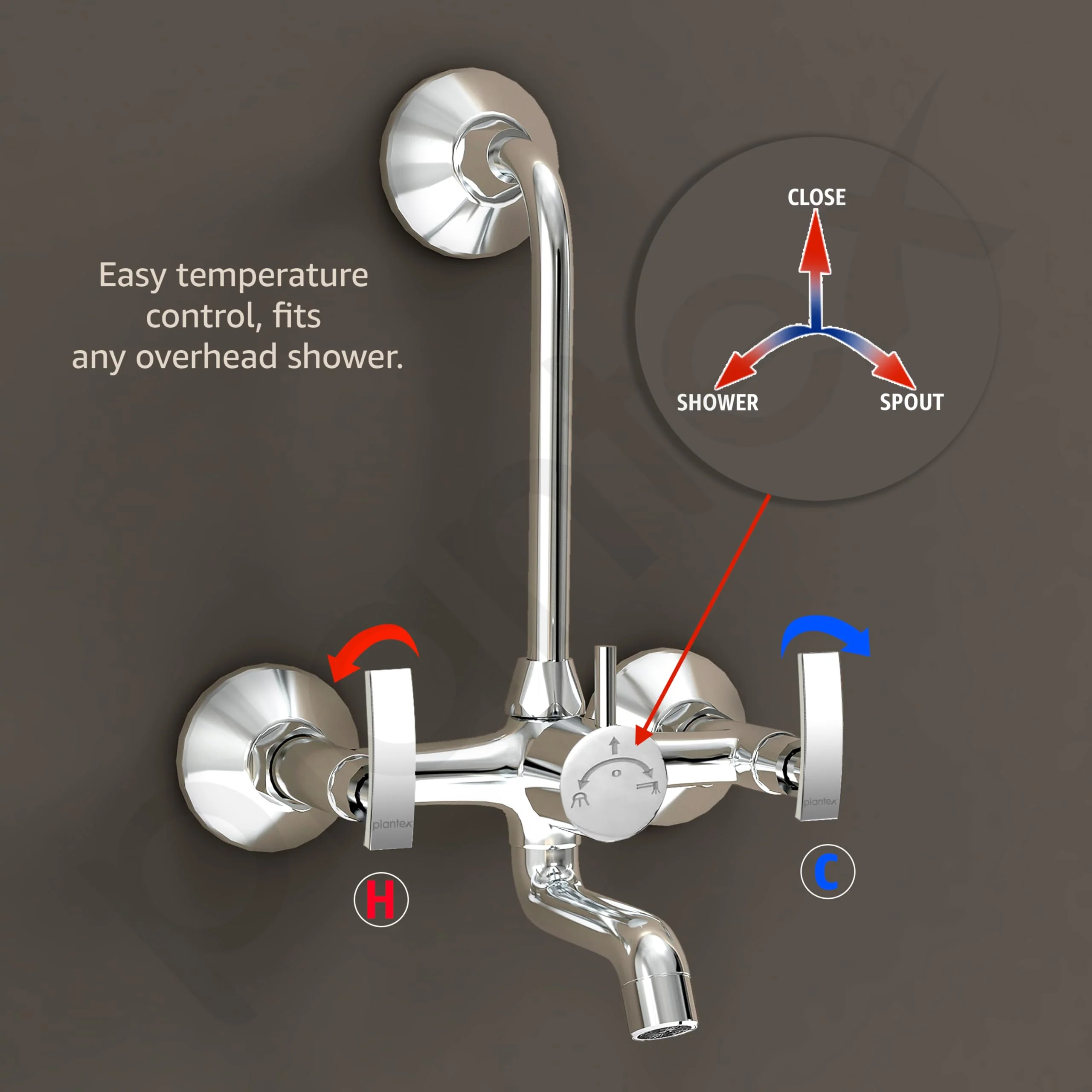 Plantex Brass Spindle Wall Mixer for Bathroom 2 in 1 with L-Bend Provision for Overhead Shower/Mixer Tap for Bathroom with Water Saving Nozzle and Wall Flange and Teflon Tape (SMR-1269-Chrome) - Image 3