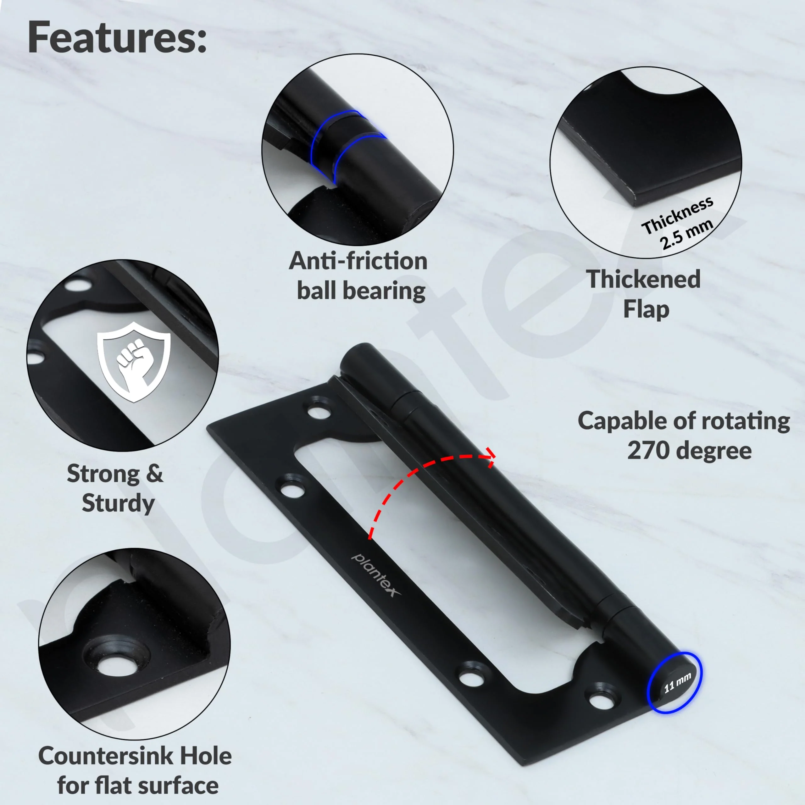 Plantex Butterfly Hinges for Door/Stainless Steel Door Hinges/Non-Mortise Hinges/5 Inch x 14 Gauge Hinges/2.5 mm Hinges for Home/Office/Hotel - Pack of 6 (Black) - Image 4