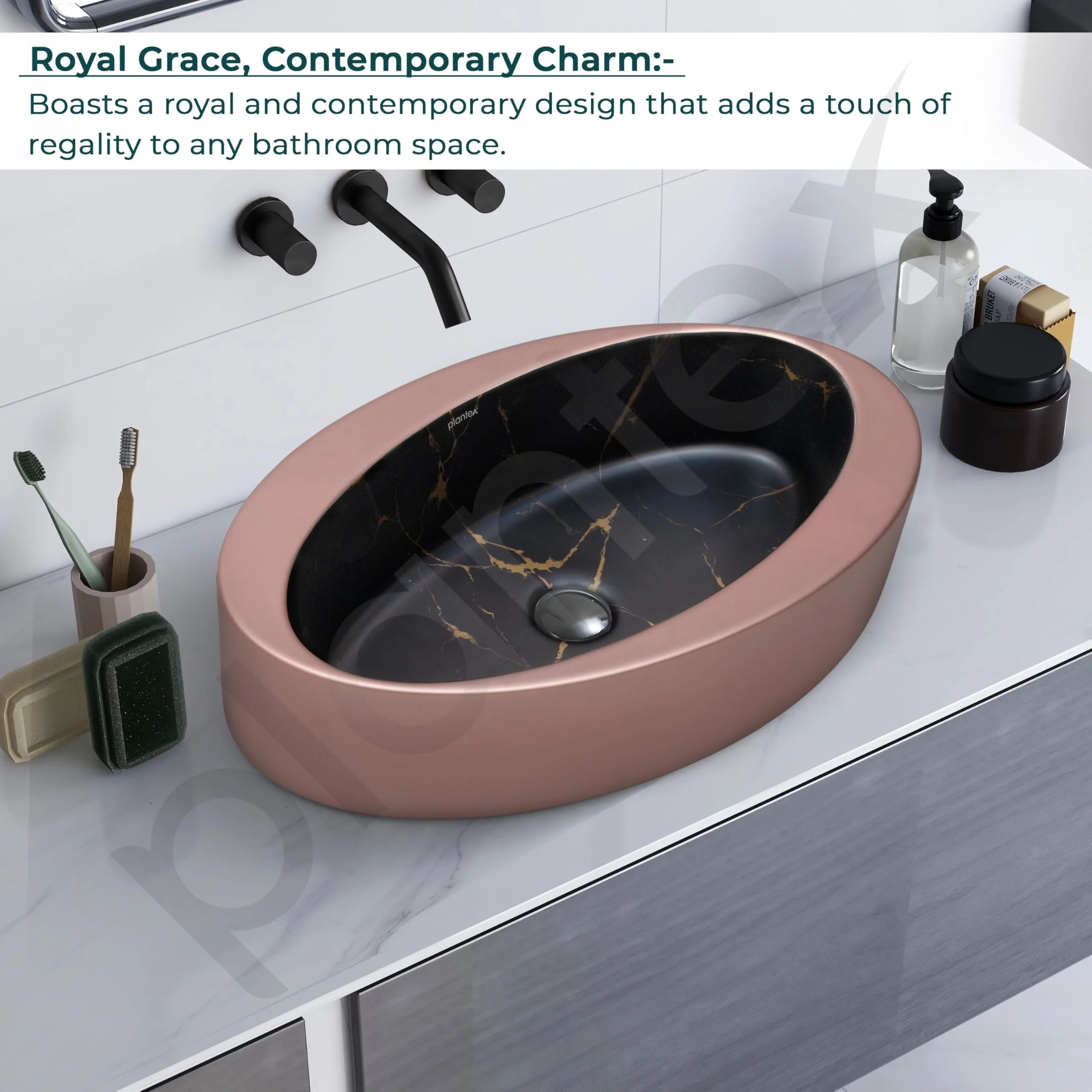 Plantex Ceramic Basin/Designer Washbasin for Bathroom/Oval Tabletop Wash Basin/Countertop Vessel Sink for Home/Office (Matt Brown & Black - 24 x 14 x 10 Inch) - Image 2