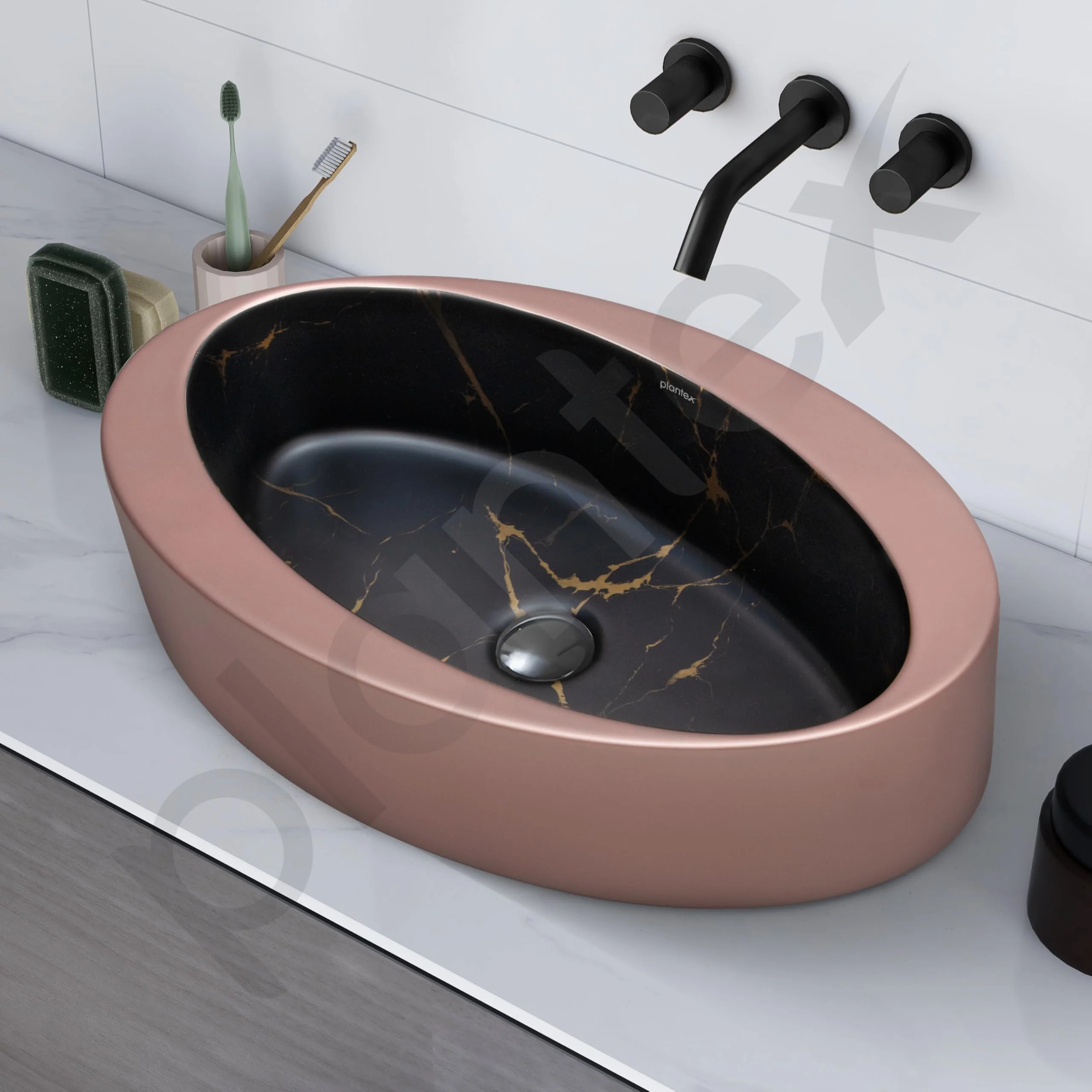 Plantex Ceramic Basin/Designer Washbasin for Bathroom/Oval Tabletop Wash Basin/Countertop Vessel Sink for Home/Office (Matt Brown & Black - 24 x 14 x 10 Inch) - Image 6