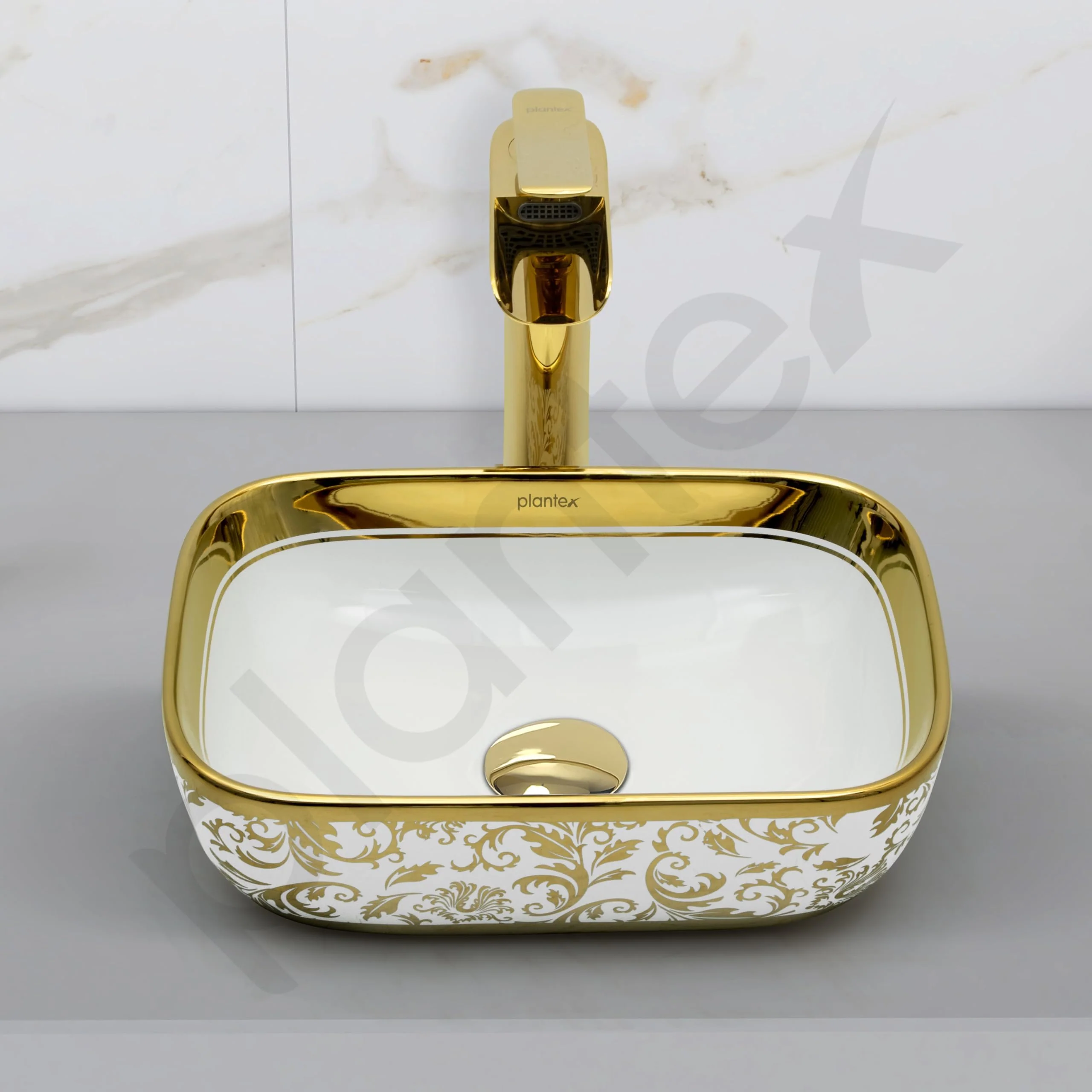 Plantex Ceramic Basin for Bathroom/Designer TableTop Wash Basin/Bathroom Vessel Sink/Washbasin - White & Gold (14.1 x 9 x 5 Inch) - Image 6