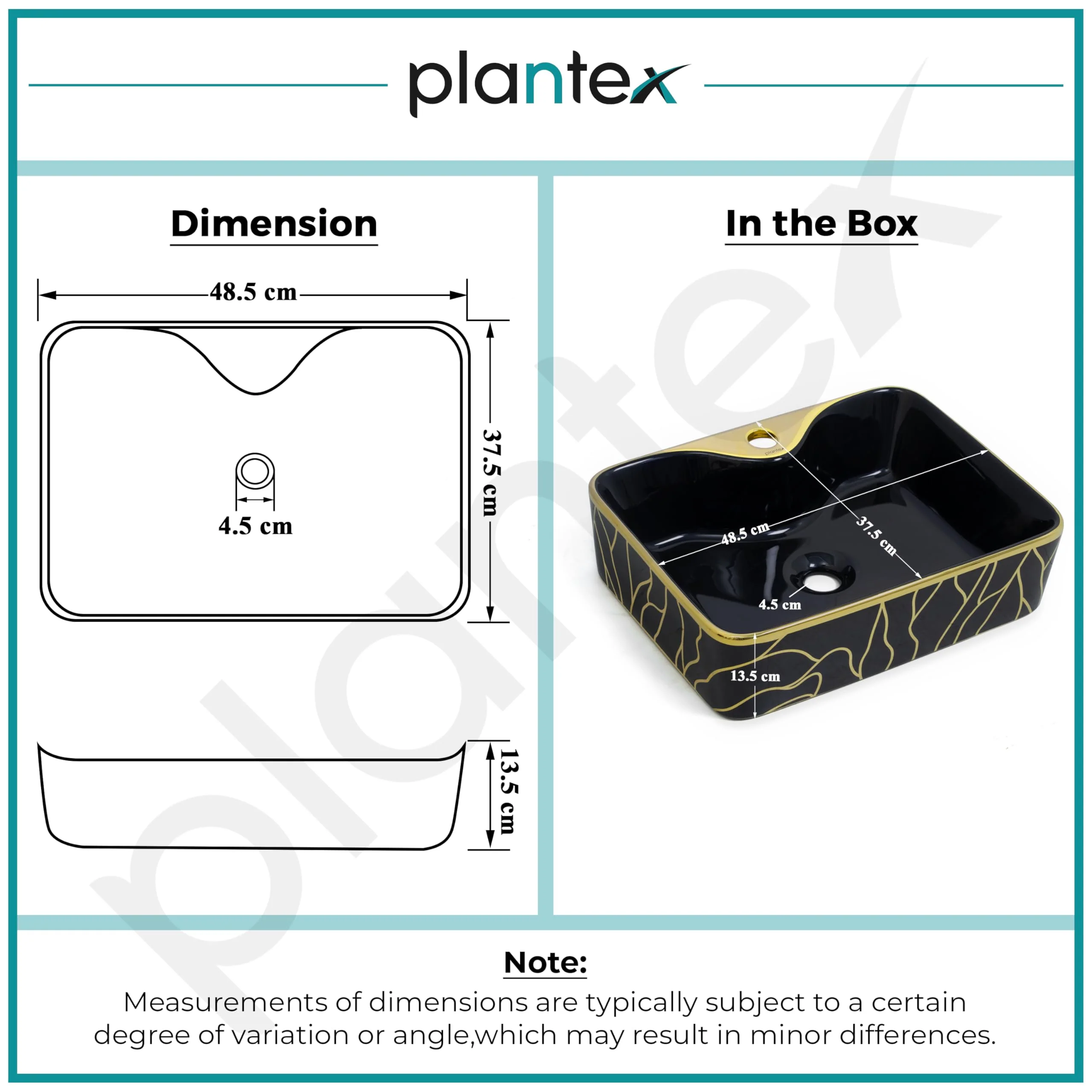 Plantex Ceramic Designer Washbasin for Bathroom/Countertop Wash Basin/Rectangle Tabletop Hand Wash Basin for Restaurant/Hotel (19x15x5 Inch - Black & Gold) - Image 4