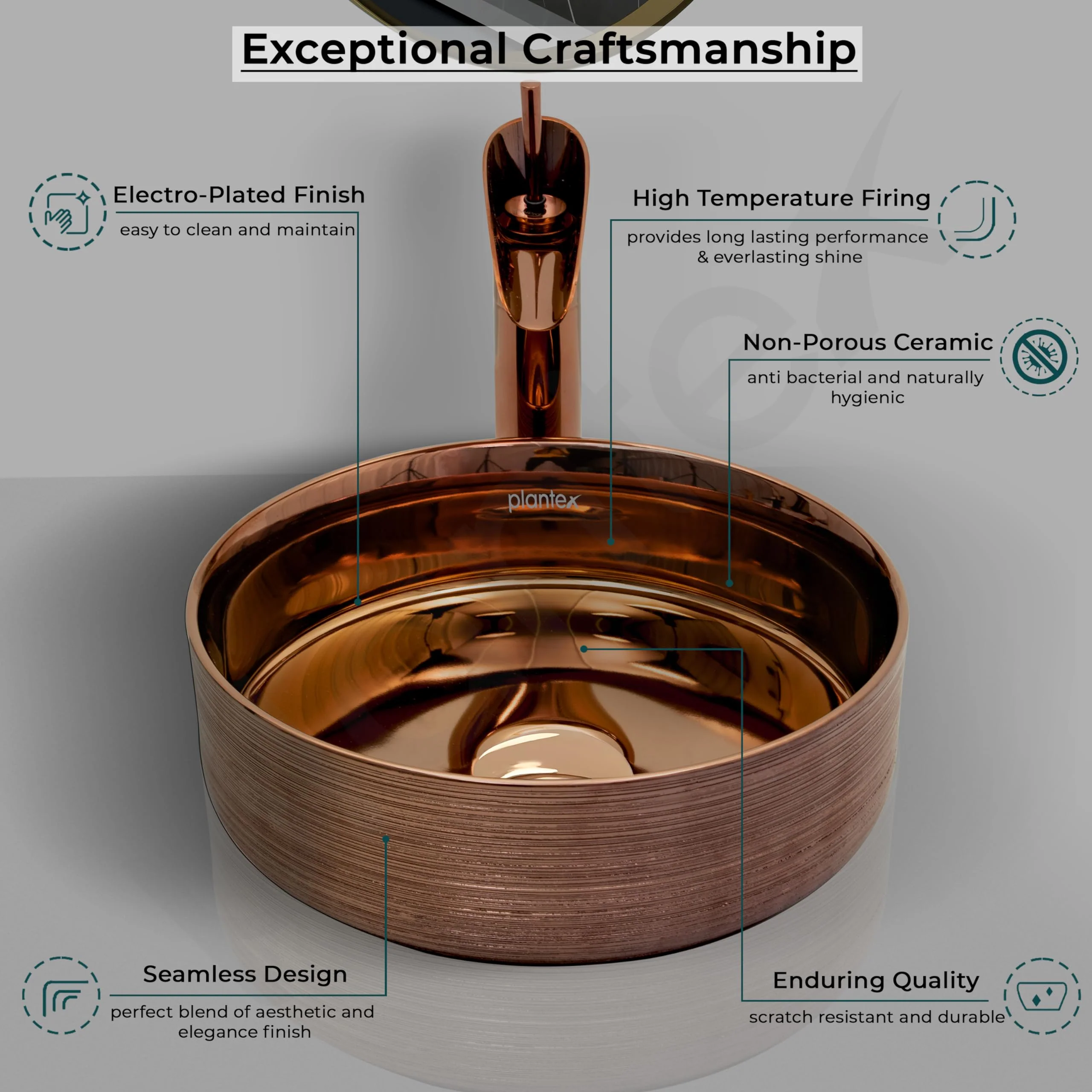 Plantex Ceramic Round Wash Basin/Designer Table Top Washbasin/Countertop Wash Basin for bathroom/Home/Office (Rose Gold-14x14x5 Inch) - Image 2