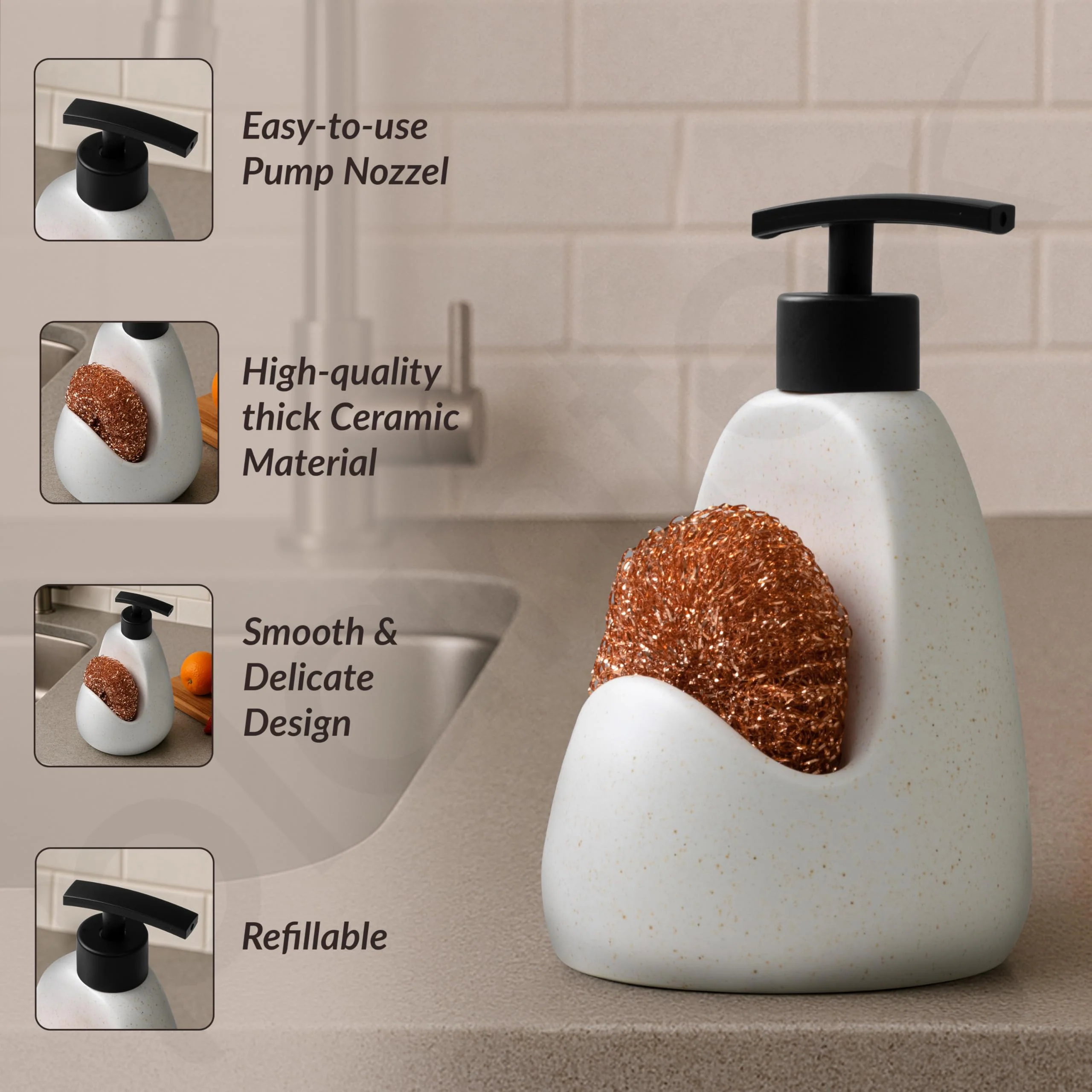 Plantex Ceramic Soap Dispenser with Scruber/Liquid Soap Dispenser/Sink Dish Washing Soap Dispenser Set/Soap Dispenser for Wash Basin Ceramic - Bathroom Accessories - Image 2
