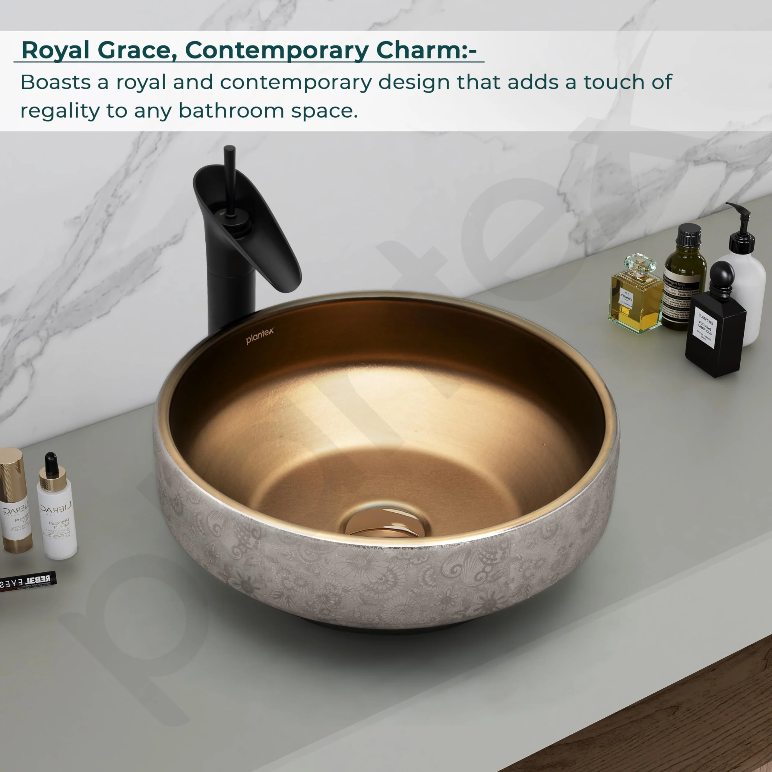 Plantex Ceramic Table Top Wash Basin for Bathroom/Countertop Vessel Sink Basin/Round Washbasin - Indo-European Collection (16 x 16 x 6.5 Inch) - Image 5