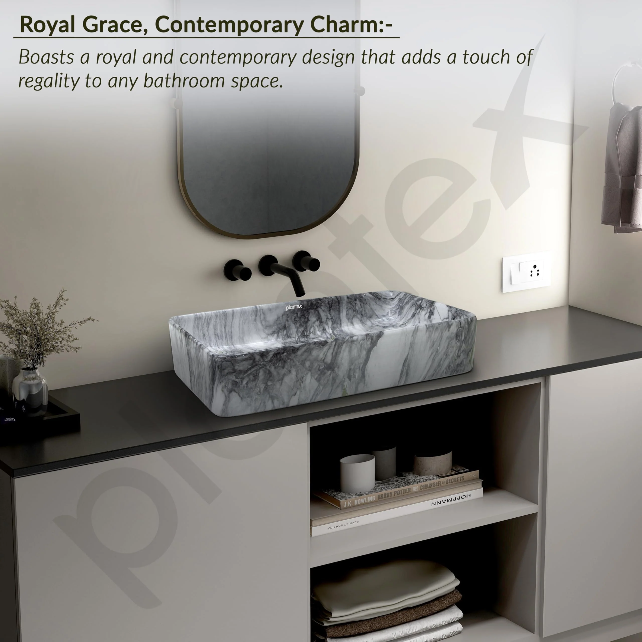 Plantex Ceramic Table Top Washbasin For Bathroom/Hand Wash Sink/Rectangle Countertop Vessel Sink Basin For Home/Office/Hotel - (Marble Grey) - Image 3