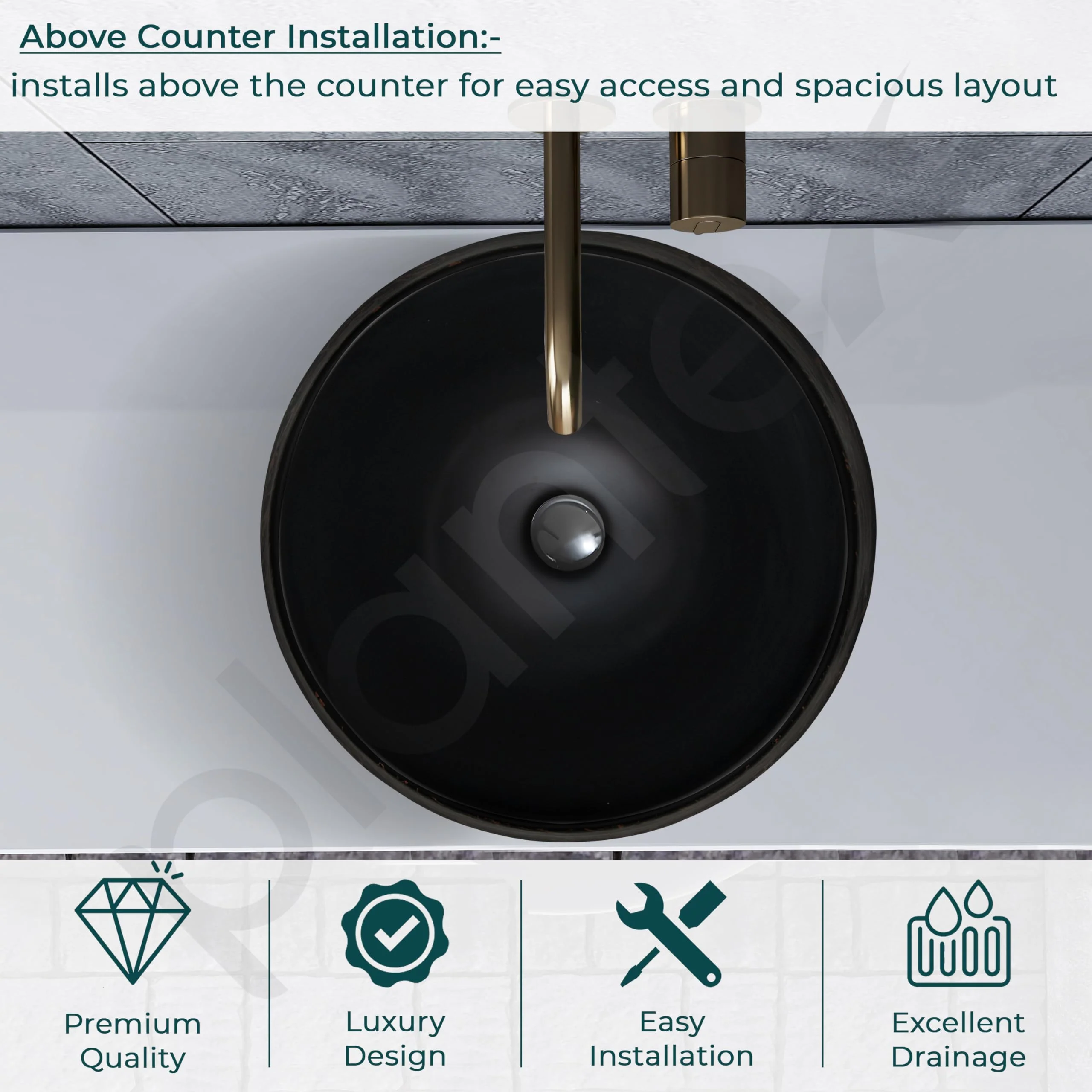 Plantex Ceramic Tabletop Washbasin/Bathroom Basin Sink/Basin for Bathroom/Wash Basin for Restaurant/Hotel (Black & Gold - 16.5 x 16.5 x 13 Inch) - Image 5