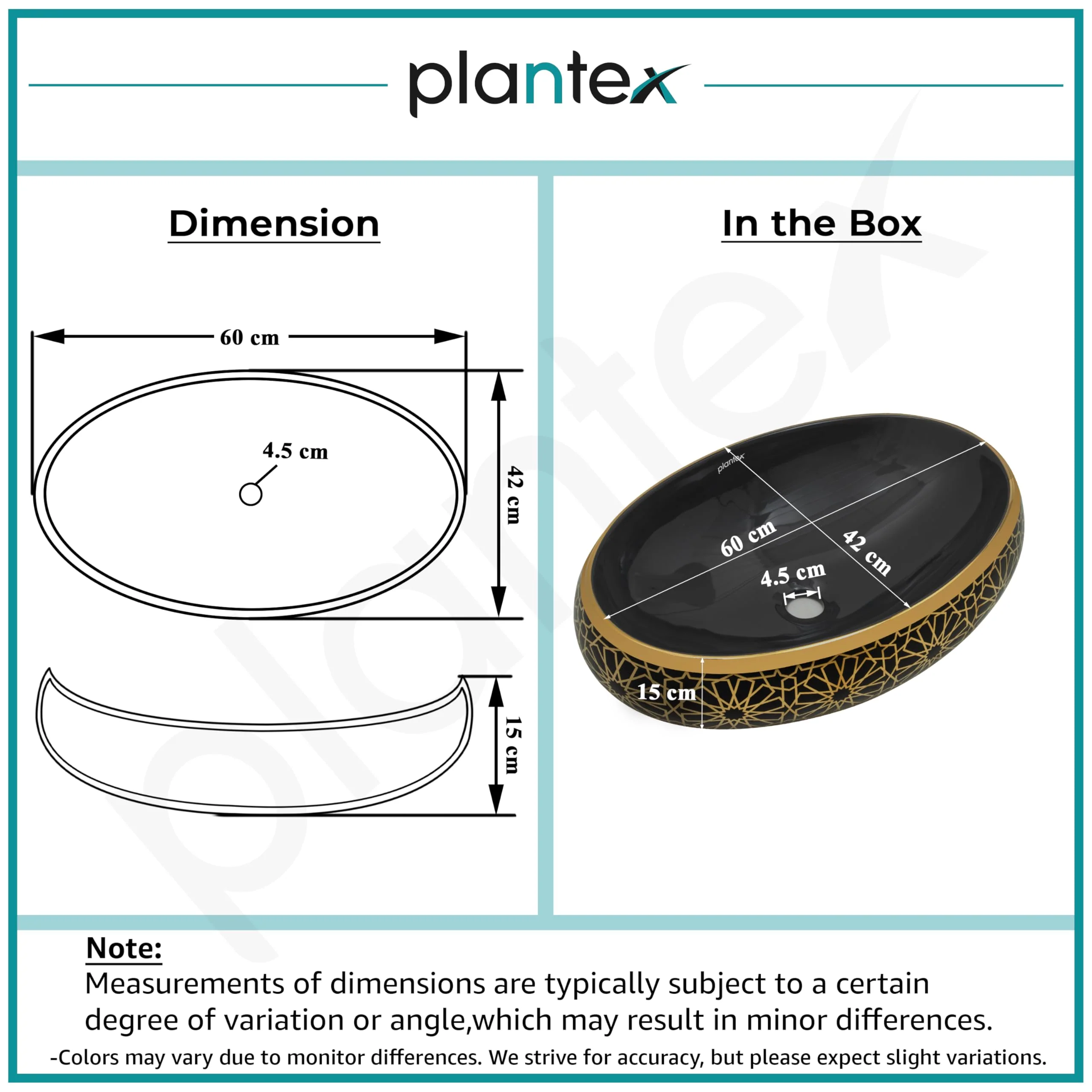 Plantex Ceramic Tabletop Washbasin for Bathroom/Designer Hand Wash Basin/Oval Vessel Sink Basin for Home/Hotel (23.5x16.5x6 Inch - Black & Gold) - Image 3
