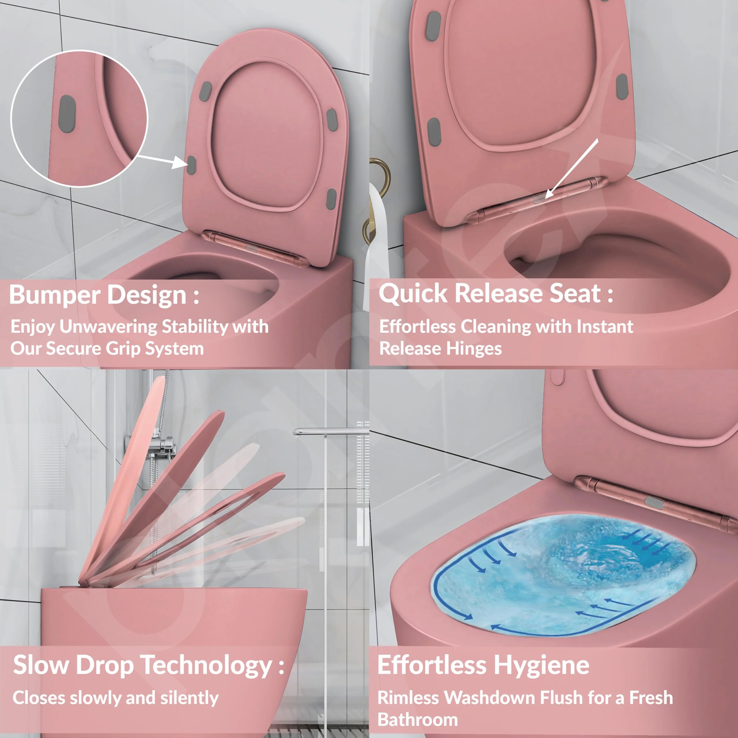 Plantex Ceramic Wall Hung Commode for Toilet/Rimless Washdown Flush Western Commode/Imported Commode with Soft Closing Toilet Seat - P Trap (Round, Matt Pink) - Image 5