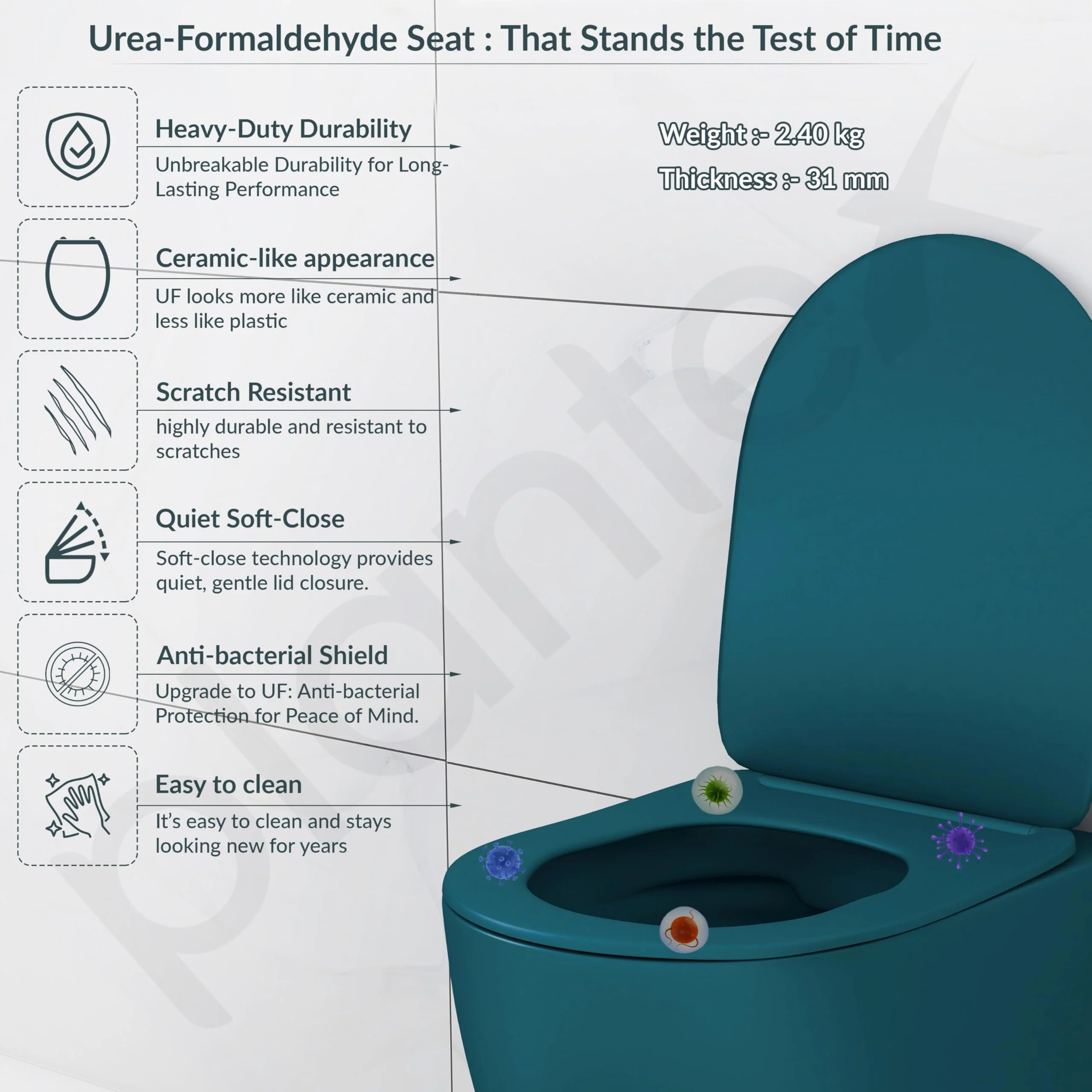 Plantex Ceramic Wall Hung Commode for Toilet/Rimless Washdown Western Commode/Western Toilet with Soft Close Toilet Seat Cover- P Trap (Pine Blue) - Image 5