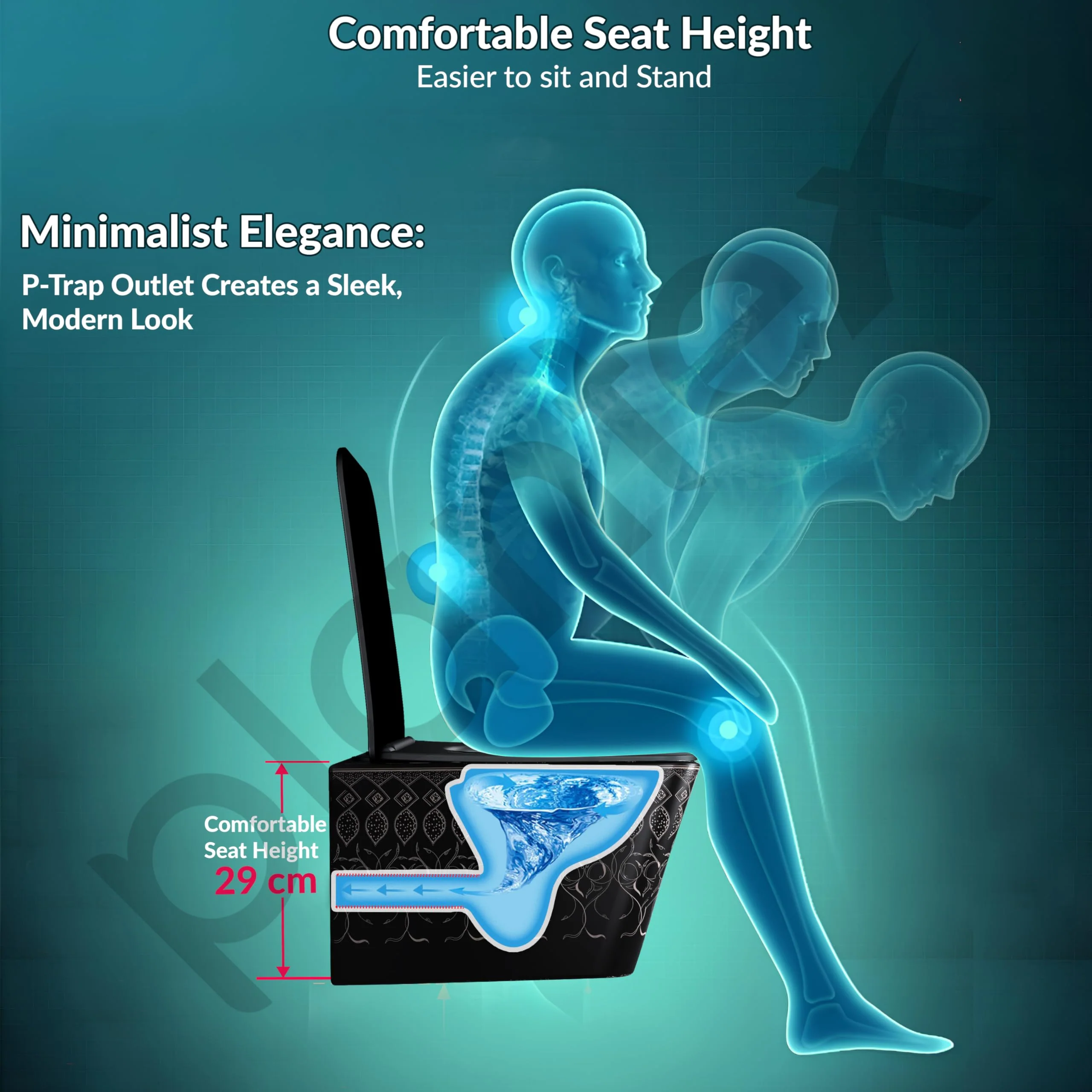 Plantex Ceramic Wall Hung Commode/Rimless Washdown Western Commode/P Trap Western Toilet with Soft Close Seat Cover - (Matt Black) - Image 2
