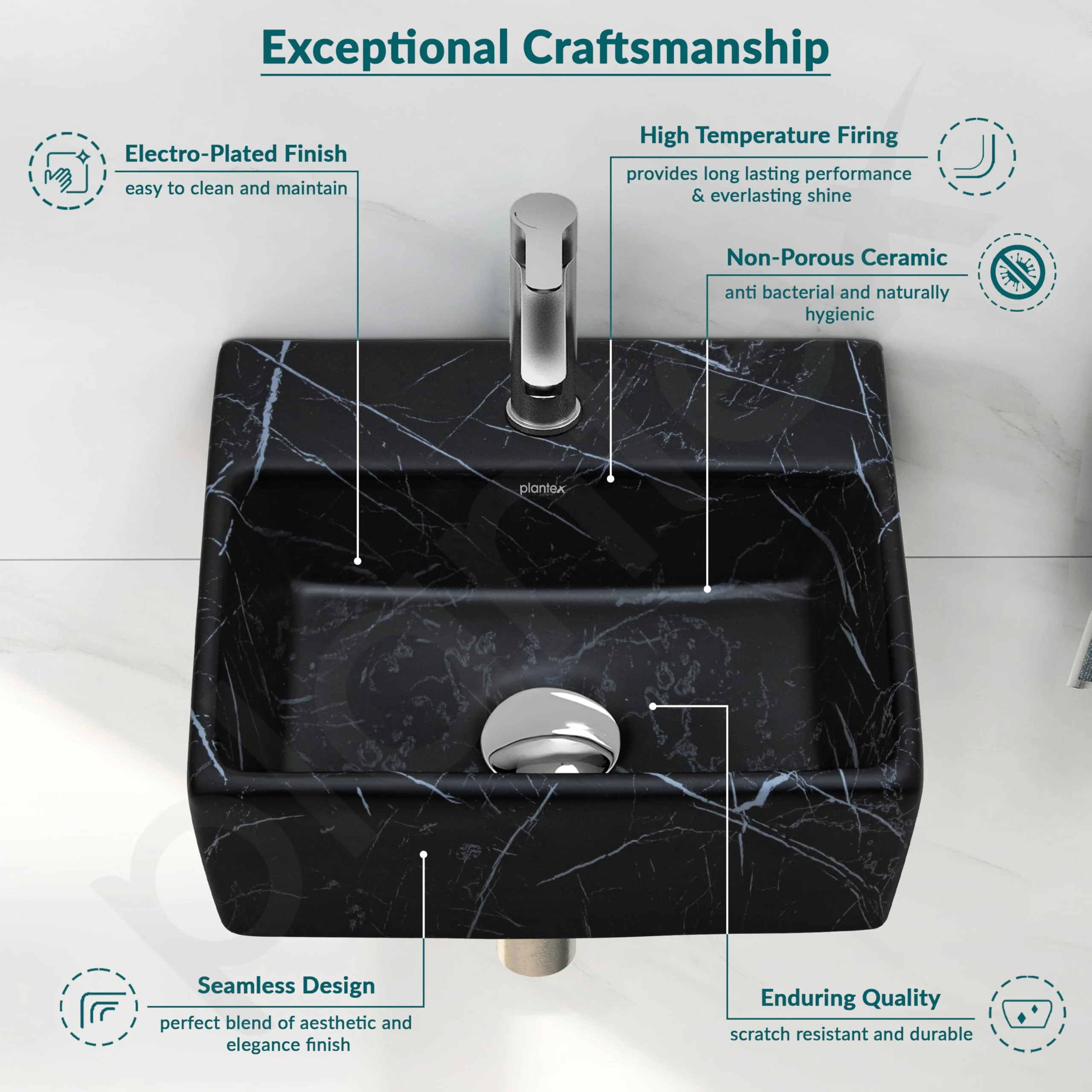 Plantex Ceramic Wall Hung Wash Basin for Bathroom/Square Tabletop Basin/Bathroom Hand Wash Sink/Wall Mount Washbasin for Restaurant/Hotel (Black- 13x11.5x5 Inch) - Image 4