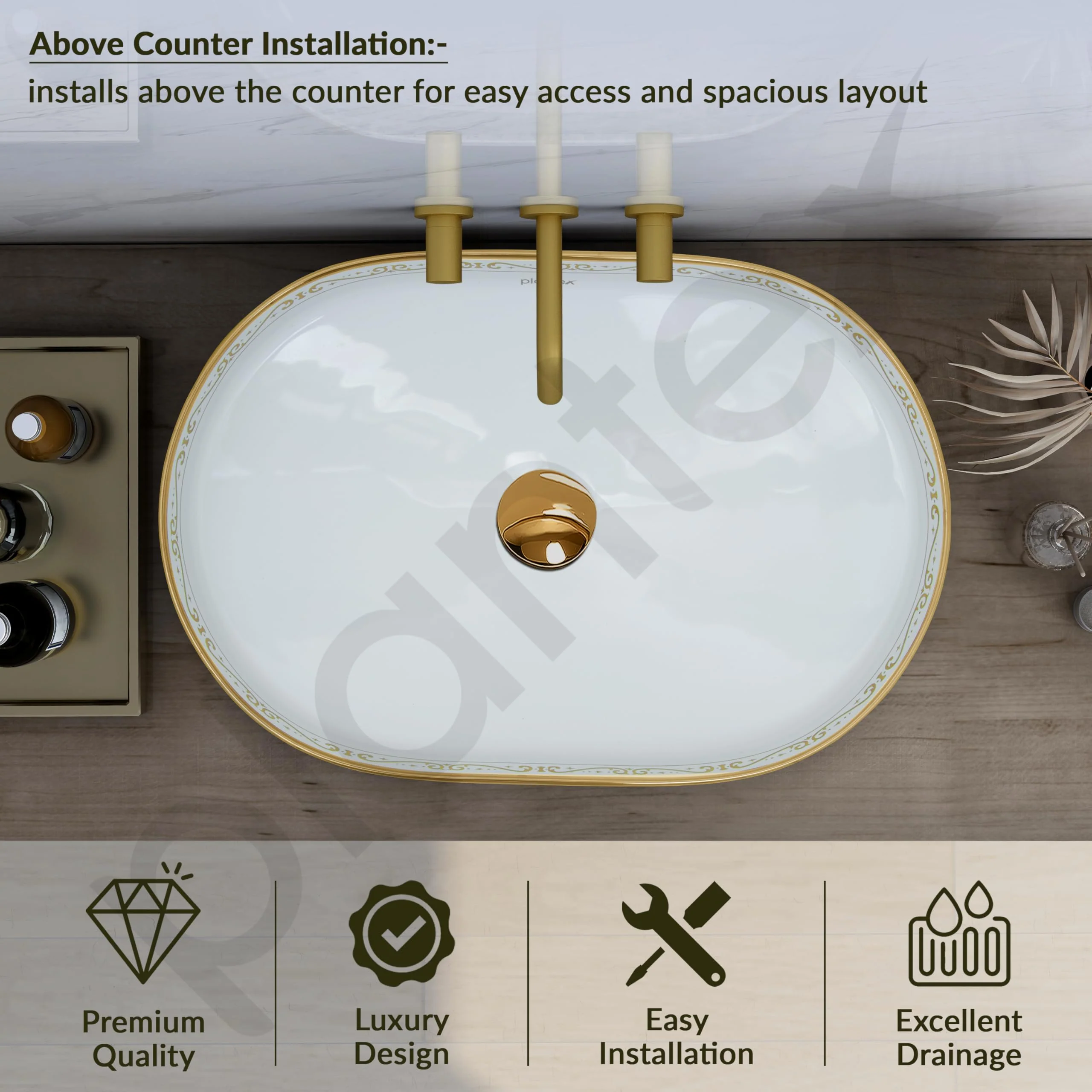Plantex Ceramic Wash Basin/Designer Hand Wash Sink for Bathroom/Oval Tabletop Washbasin/Countertop Vessel Sink for Home/Office (24x16x5 inch - Gold & White) - Image 5