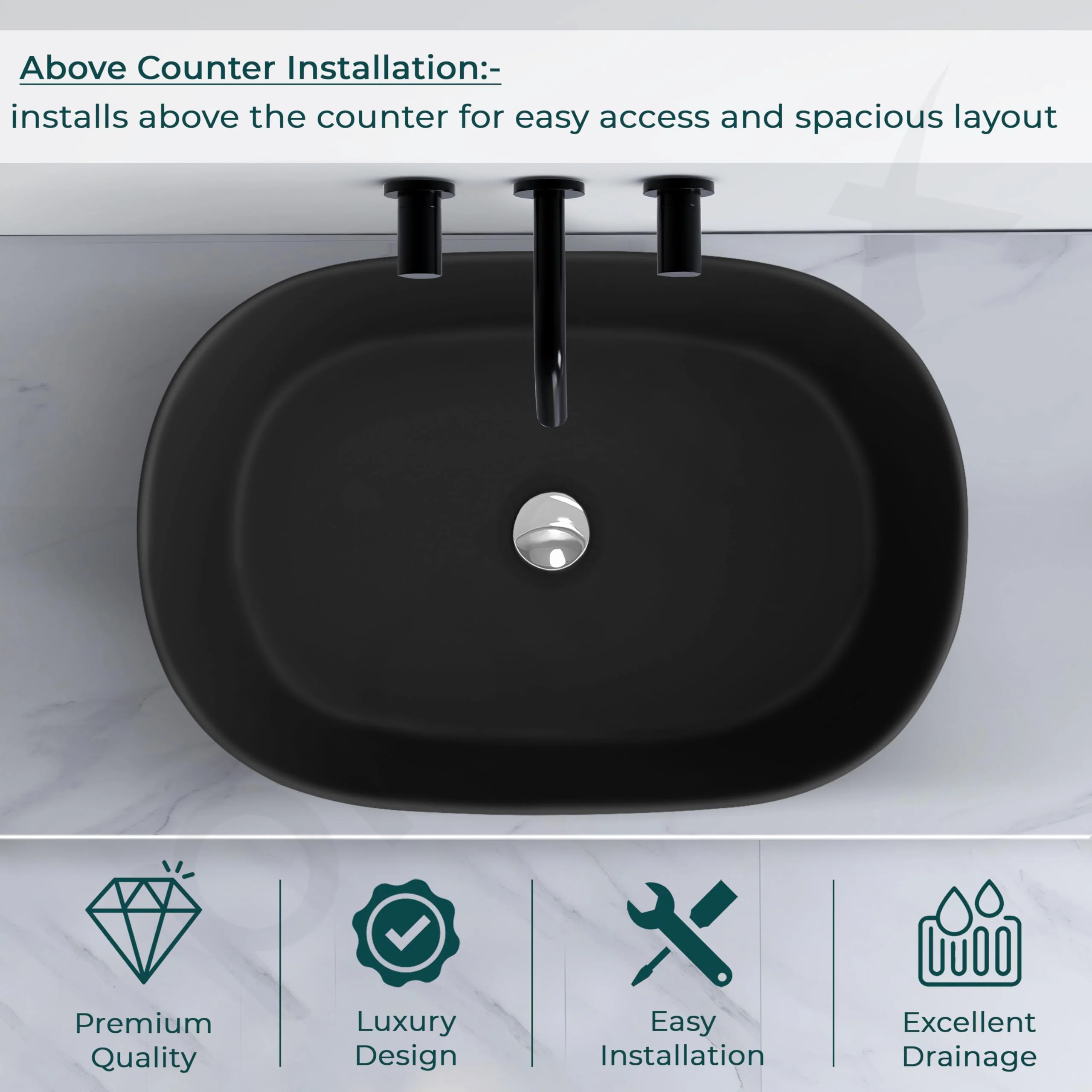 Plantex Ceramic Wash Basin for Bathroom/Oval Table Top Basin/Countertop Vessel Sink for Home/Hotel - (Charcoal Black- 22 x 14 x 10 inch) - Image 2