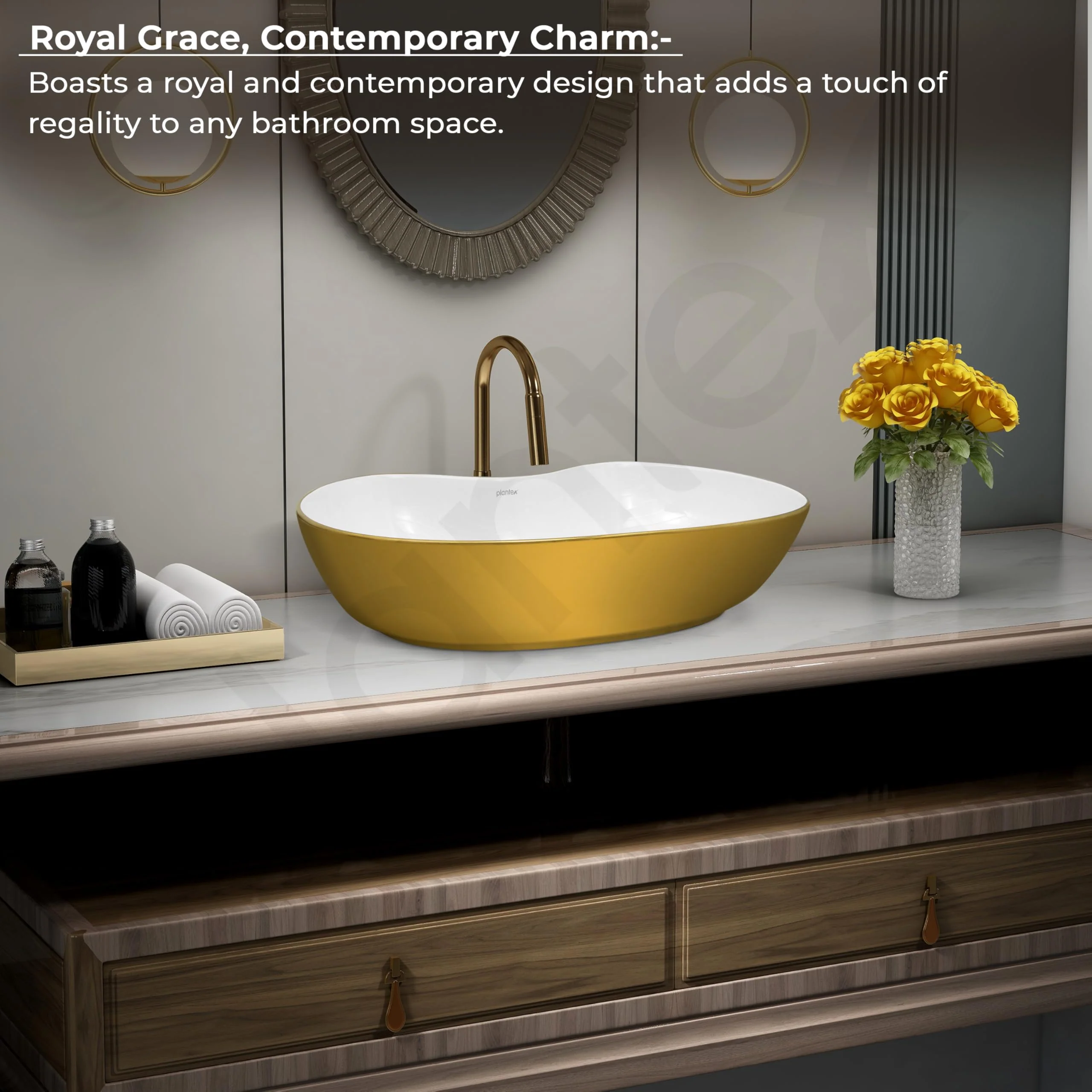 Plantex Ceramic Wash Basin for Bathroom/Table Top Washbasin/Designer Countertop Basin for Bathroom/Restaurants/Hotel (White&Gold - 24.5 x 13 x 5.5 Inch) - Image 2