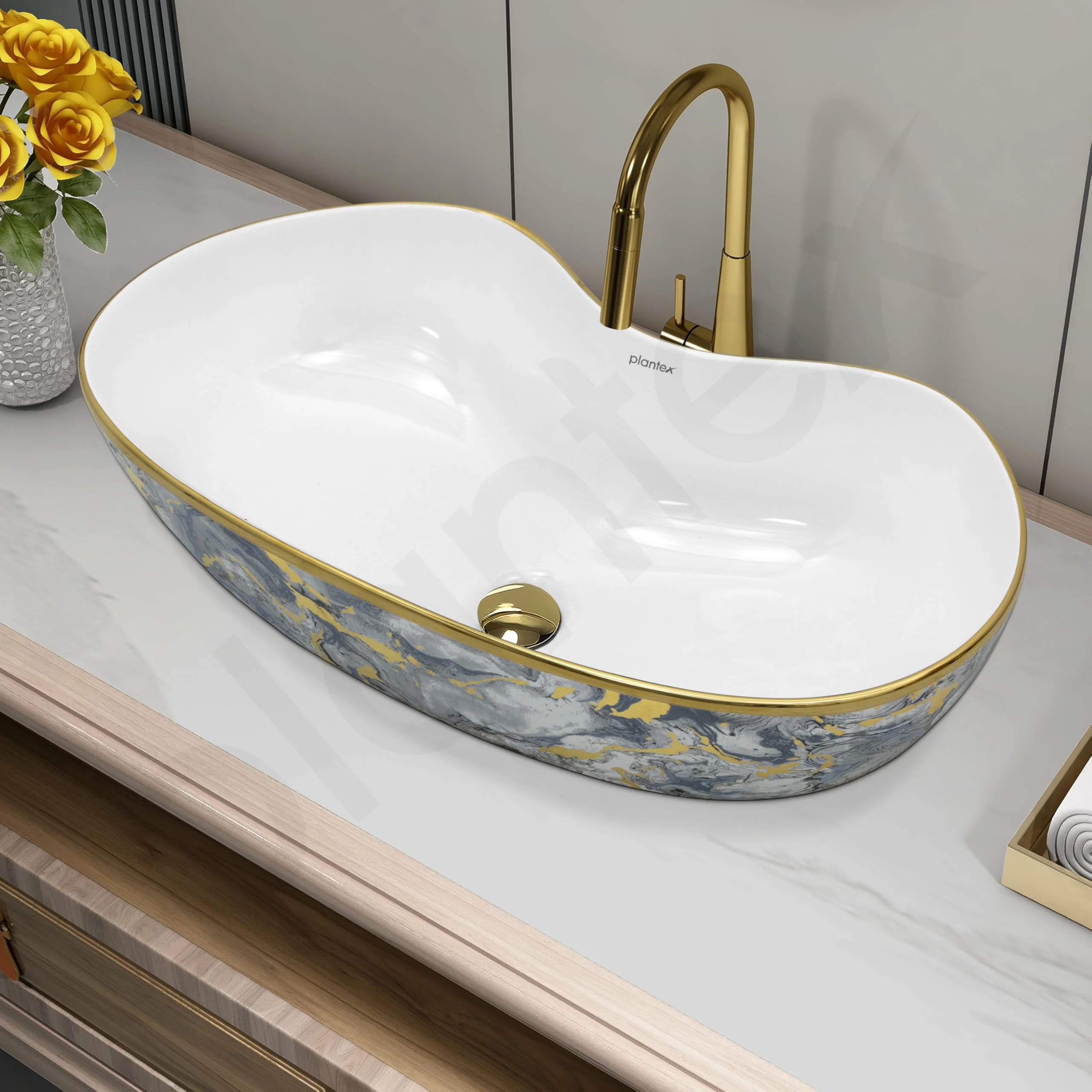Plantex Ceramic Wash Basin/Table Top Hand Washbasin/Designer Countertop Basin for Bathroom/Restaurants/Hotel (24.5x12.5x 5.5 -White & Blue) - Image 6