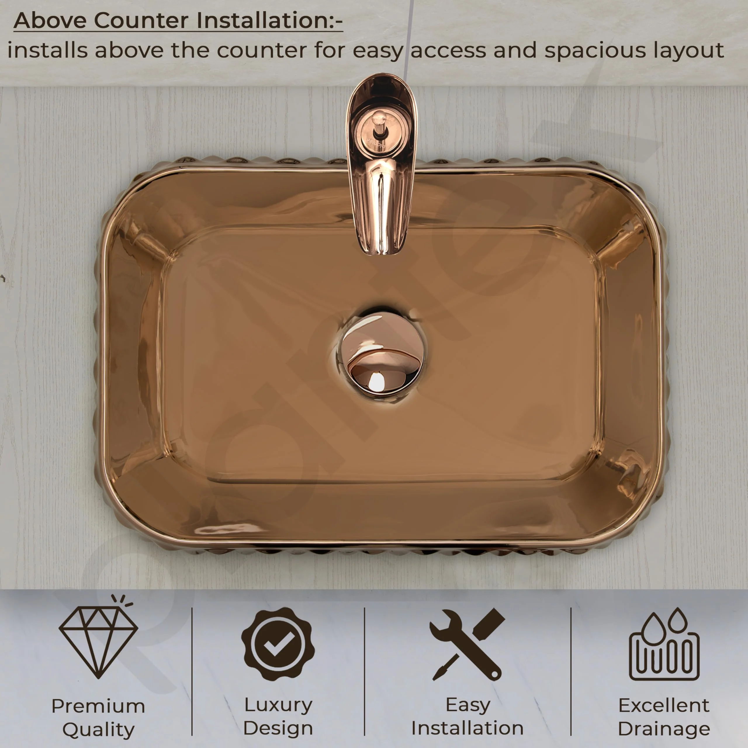 Plantex Ceramic Wash Basin/Tabletop Wash Basin/Designer Countertop Basin for Bathroom/Restaurants/Hotel – Rectangular (295, Rose Gold, 19 x 13 x 5 Inch) - Image 4