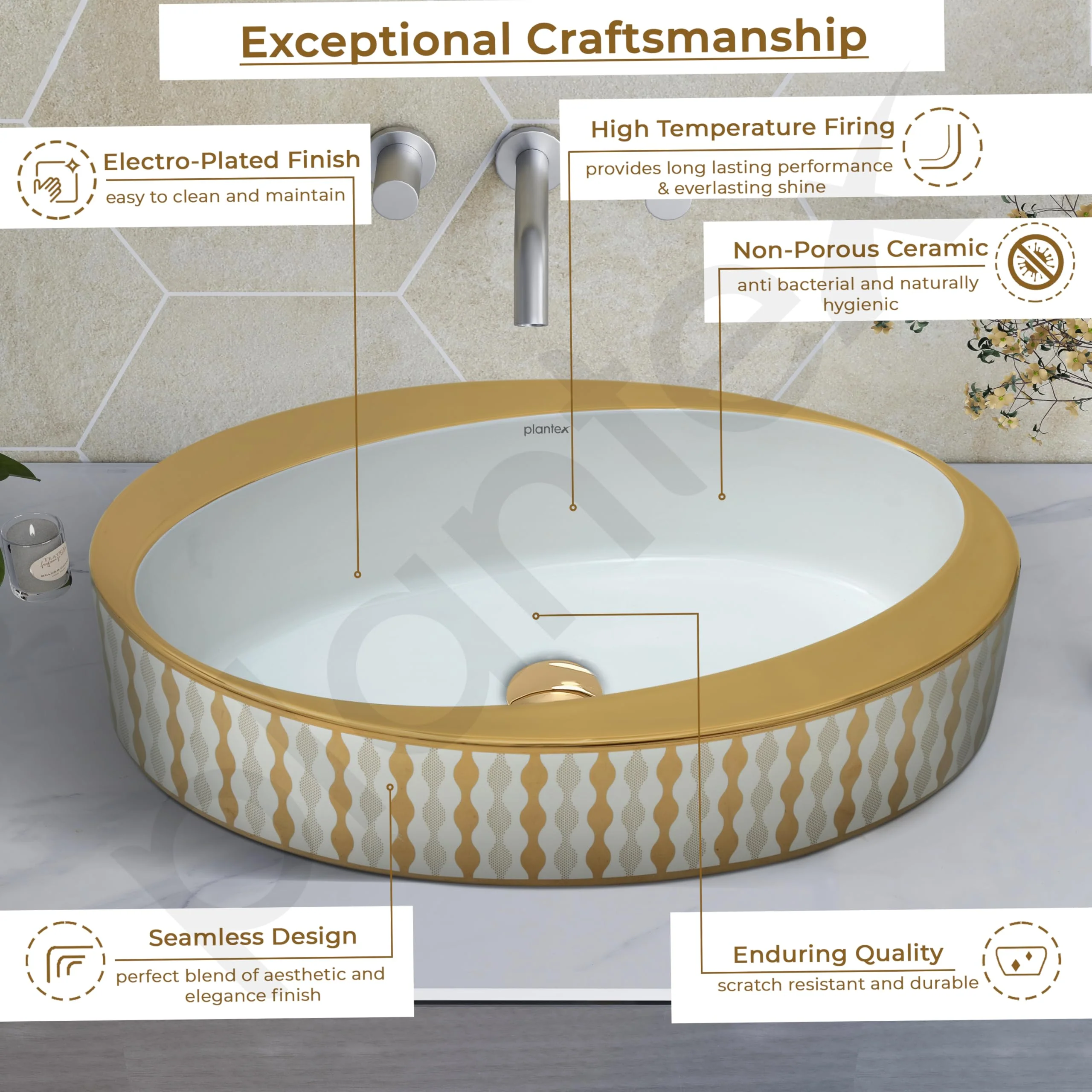 Plantex Ceramic Washbasin/Designer Basin for Bathroom/Oval Tabletop Basin/Countertop Vessel Sink for Home/Office/Restaurant (Gold & White - 24 x 14 x 10 Inch) - Image 4