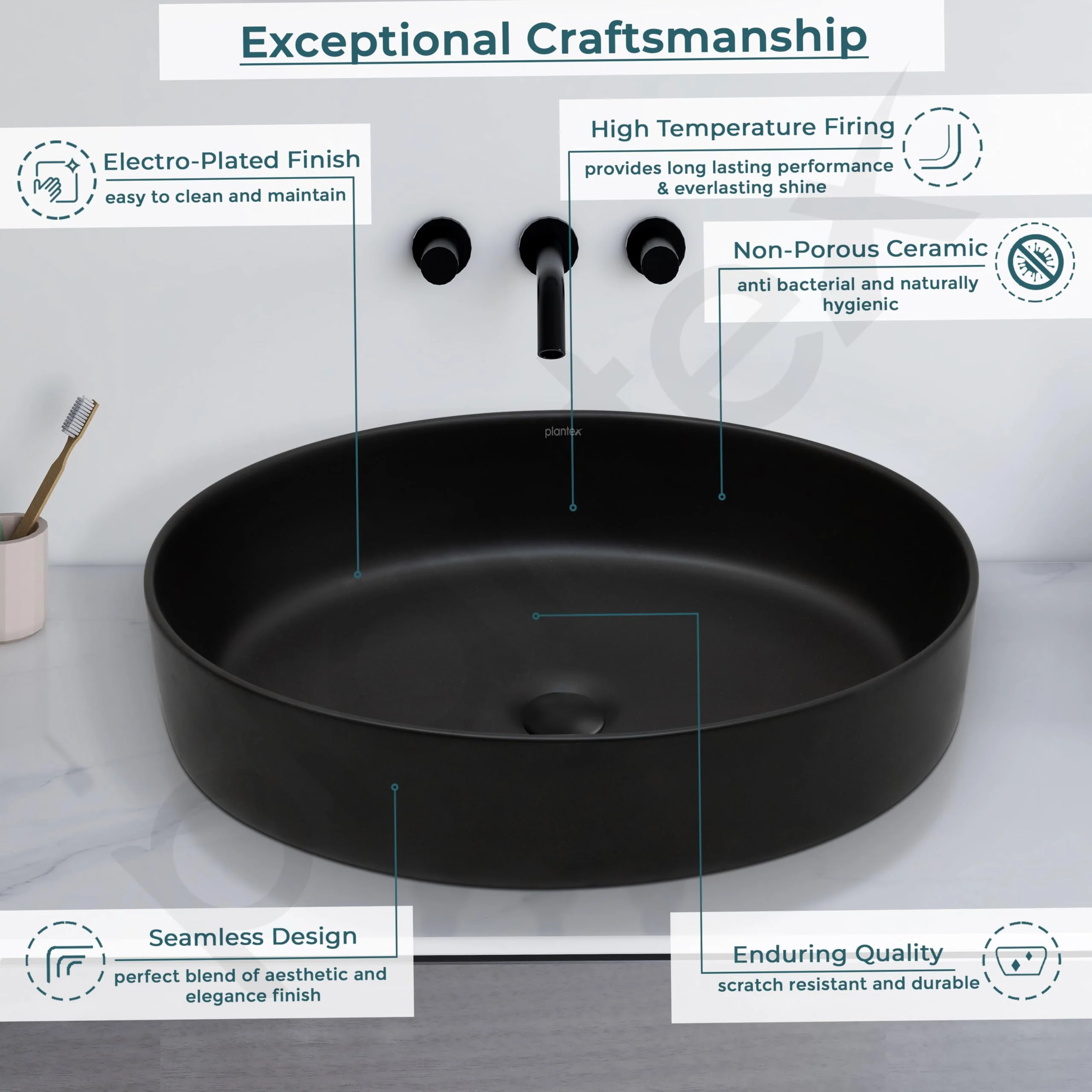 Plantex Ceramic Washbasin for Bathroom/Countertop Bathroom Basin/Oval Tabletop Wash Basin for Office/Restaurant (Charcoal Black - 21.5 x 16 x 5 Inch) - Image 4