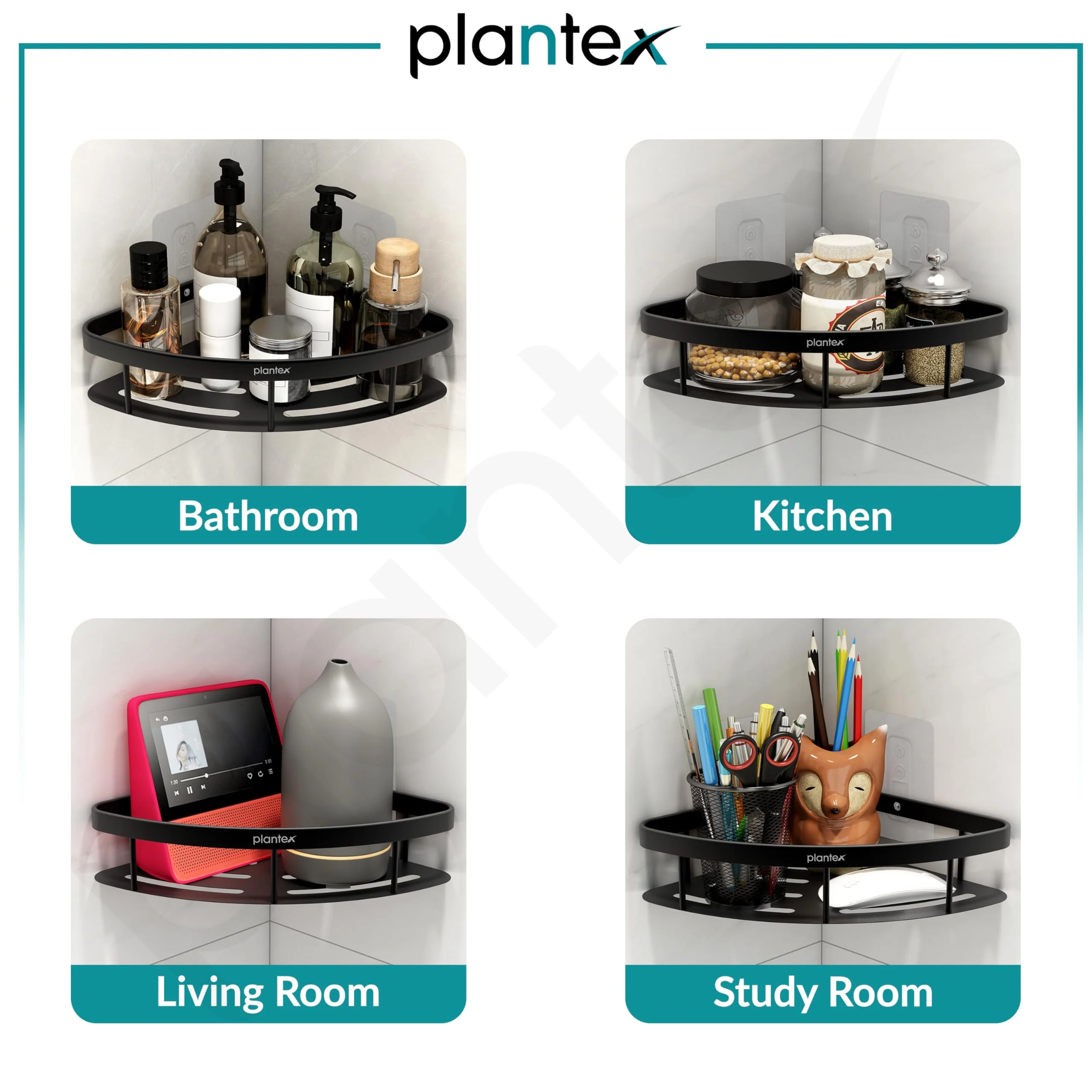 Plantex Corner Shelf for Bathroom Wall/No Drill Bathroom Organiser/Aluminium Corner Shelf for Kitchen/Self Adhesive Shelf (9x9 inches, Matt Black) - Pack of 2 - Image 5