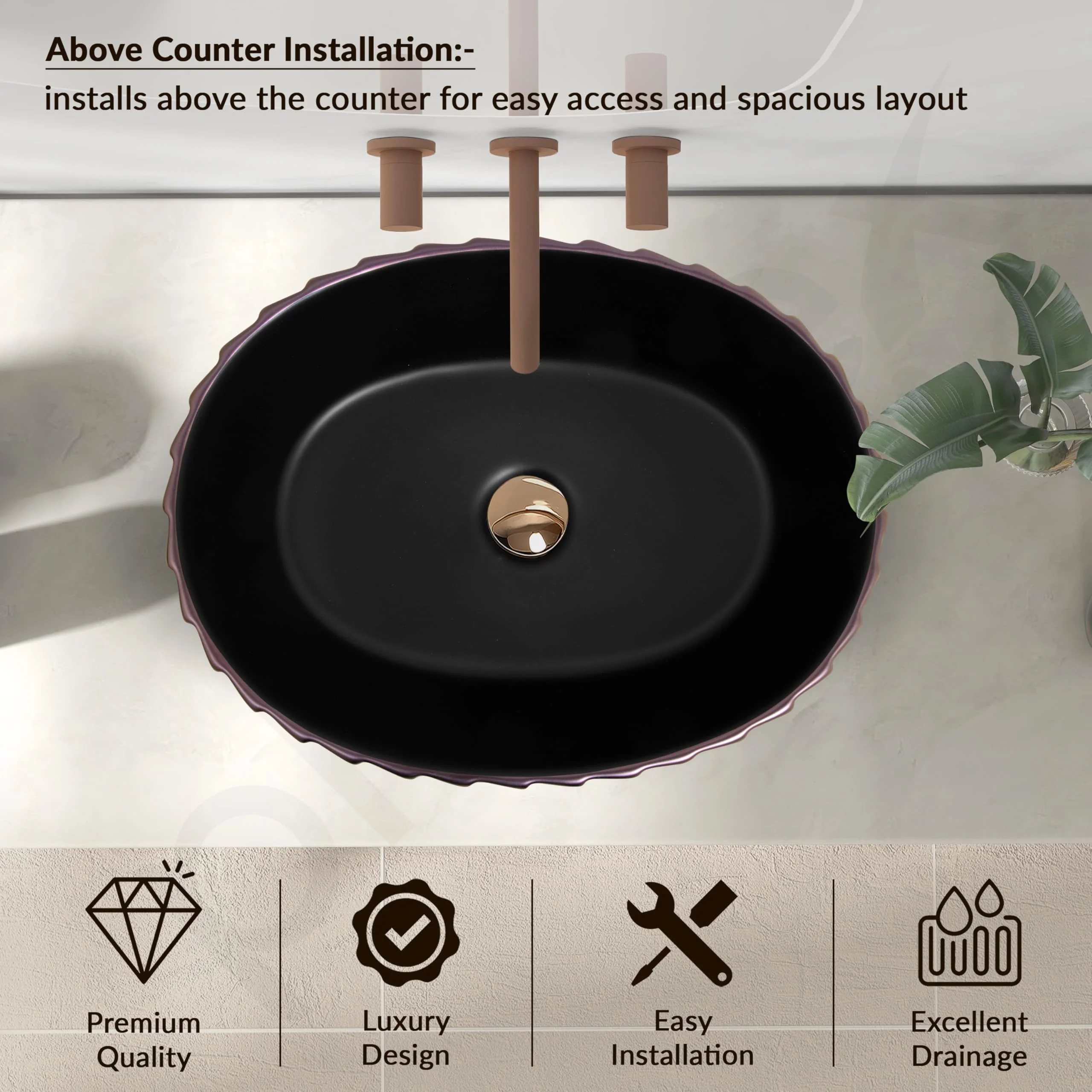 Plantex Designer Basin for Bathroom/Oval Table Top WashBasin/Countertop Hand Wash Basin/Vessel Sink for Restaurant/Hotel (19x15x5 Inch - Gold & Black) - Image 5