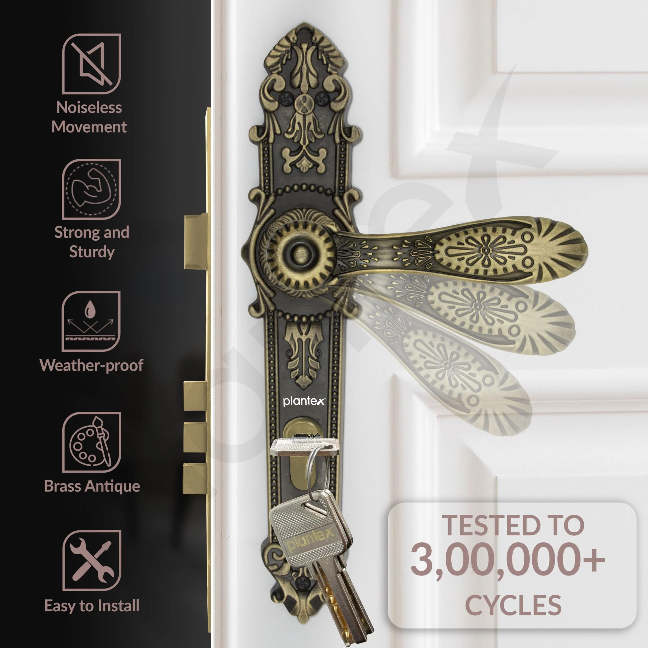 Plantex Door Lock Set -Main Door Lock Handle Set/6-Lever Lock Mechanism with 3 Years of Warranty/Mortise Lock with 3 Keys, Brass Lock Body & Cylinder(658-Brass Antique) - Image 2