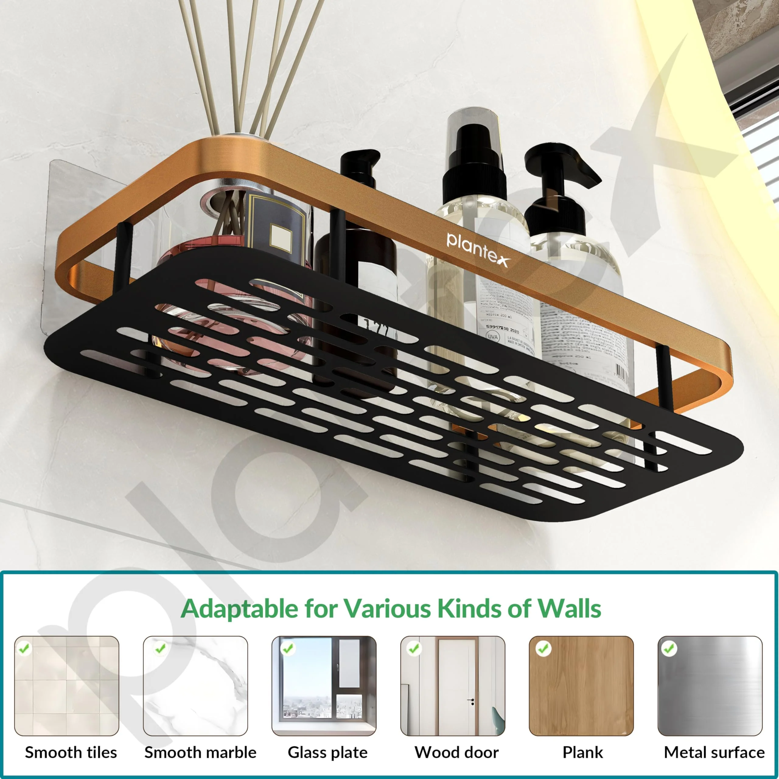 Plantex Drill Free Aluminium Bathroom Shelf/Self Adhesive Shelf for Kitchen with Golden Railing & Magic Stickers/Floating Storage Organiser (12x5 inches, Gold & Black) - Pack of 1 - Image 6