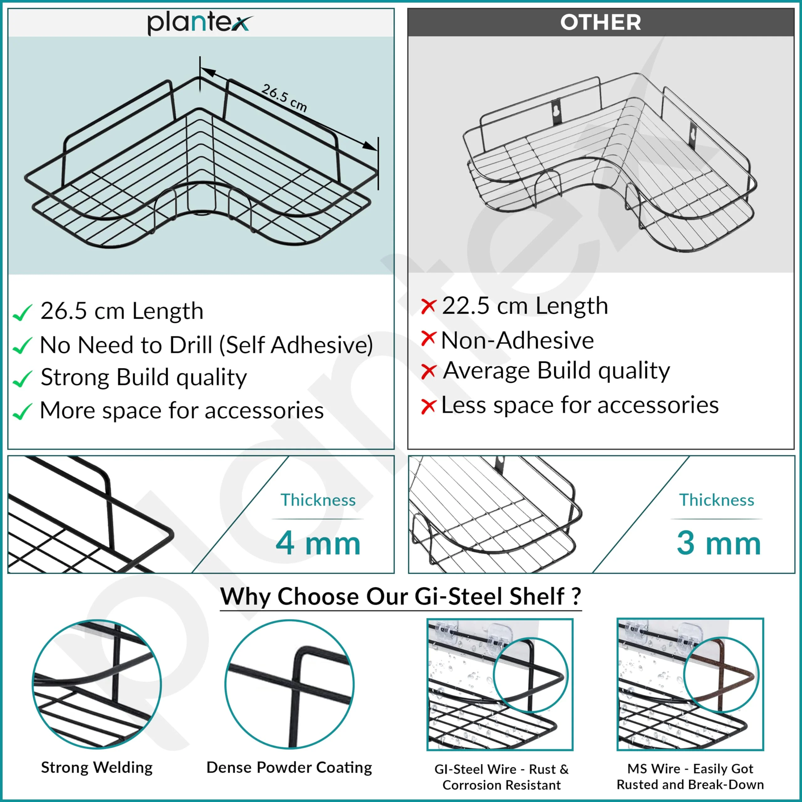 Plantex Drill Free Bathroom Corner Shelf/Adhesive Shelf for Kitchen with Magic Sticker/Bathroom Accessories Set- GI Metal (Pack of 3) - Image 7