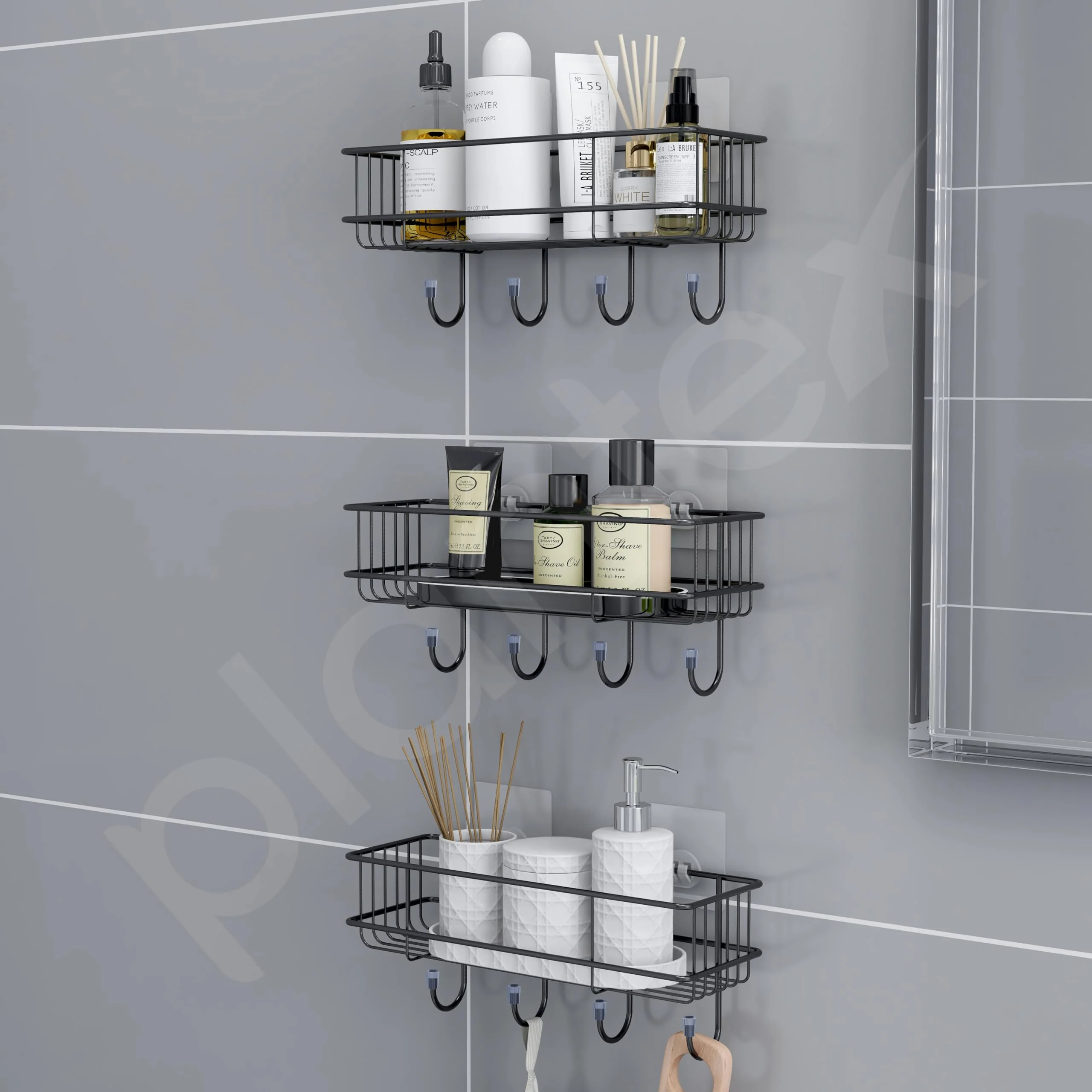 Plantex Drill Free Bathroom Shelf for Wall/Self Adhesive Shelf for Kitchen with Hooks & Magic Sticker/Bathroom Accessories Set - GI Steel (Pack of 3) - Image 6