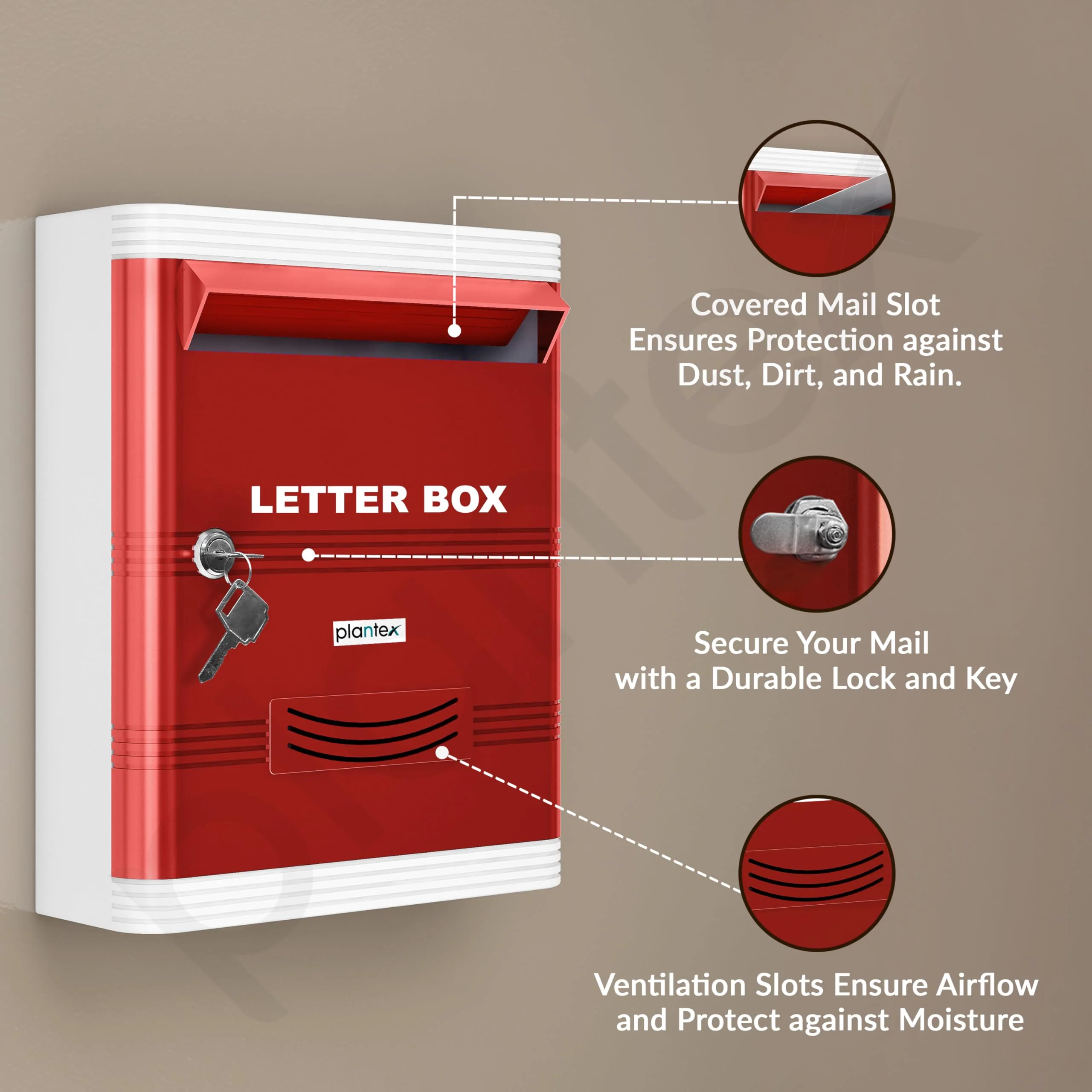 Plantex Durable Plastic Letter Box/Suggestion Box for Office/Letter Box for Home gate with Key Lock/Complaint Box/Mail Box - (Red & White), Wall Mounted - Image 5