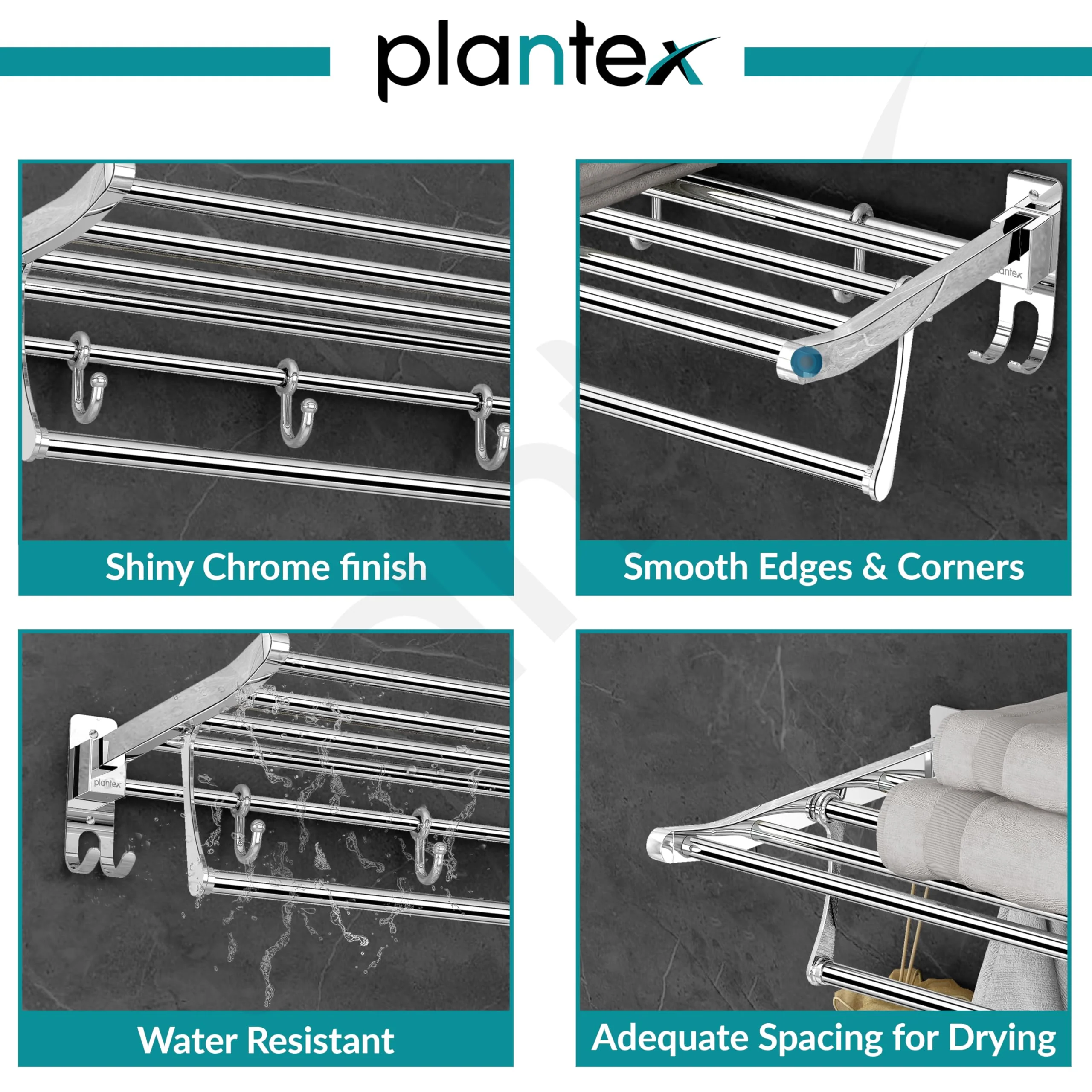 Plantex Eco Stainless Steel Folding Towel Rack/Towel Holder for Bathroom/Towel Hanger/Bathroom Accessories Set(24-inch) Chrome - Image 2