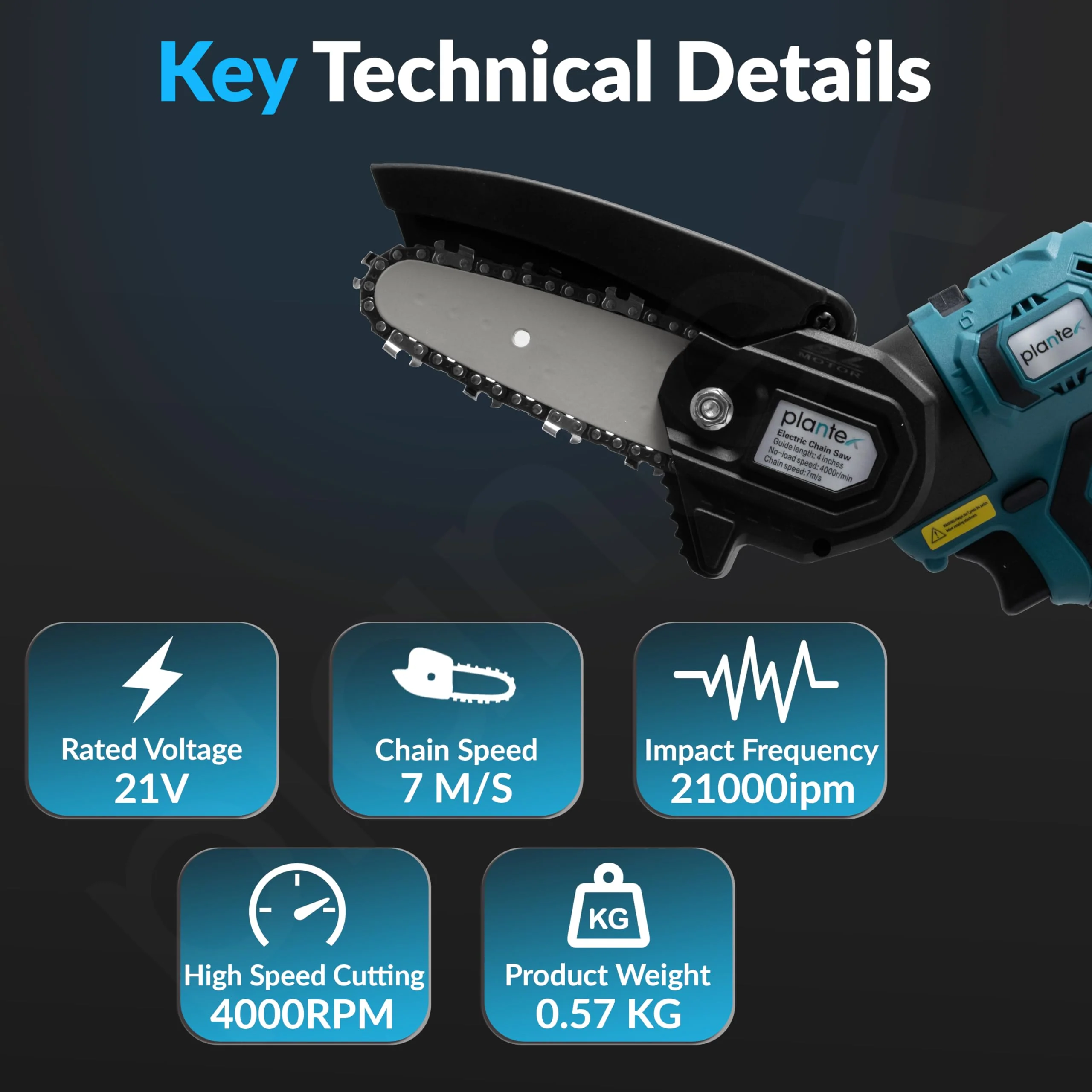 Plantex Electric Chainsaw/4-Inch Cordless Chain Saw with 4000RPM Load Speed/7m/s Chain Speed/Lightweight Handheld Pruning Saw for Wood Cutting - Black (Mainframe, Battery & Charger Not Included) - Image 3