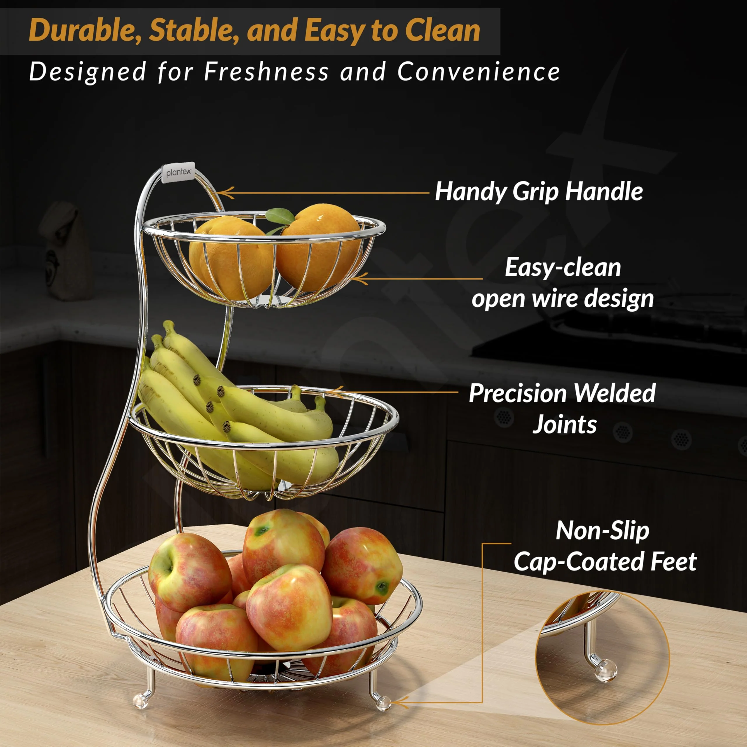 Plantex Elegant High Grade Stainless Steel 3-Tier Fruit & Vegetable Basket for Dining Table/Kitchen-Big Size(Chrome), Solid - Image 2