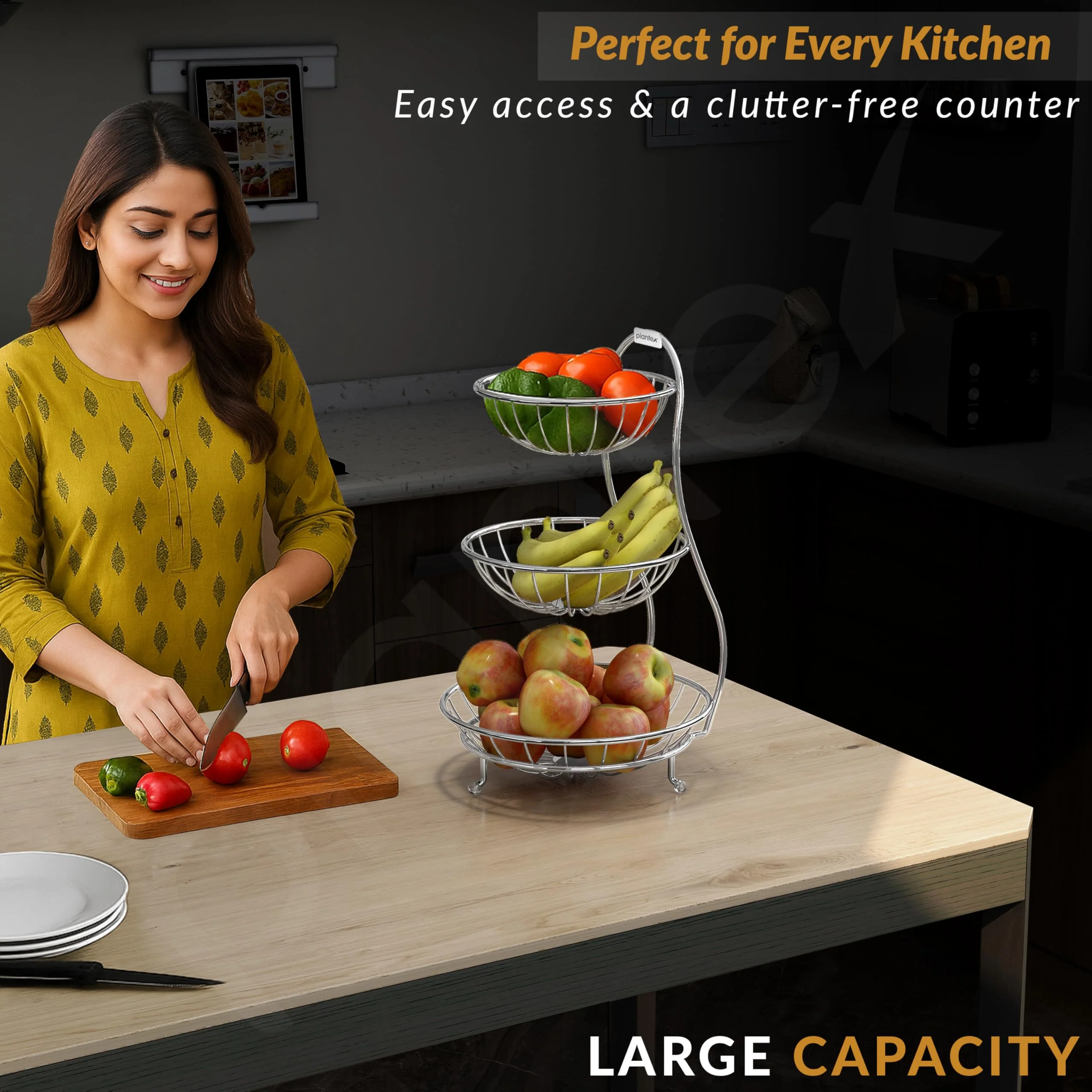 Plantex Elegant High Grade Stainless Steel 3-Tier Fruit & Vegetable Basket for Dining Table/Kitchen-Big Size(Chrome), Solid - Image 7