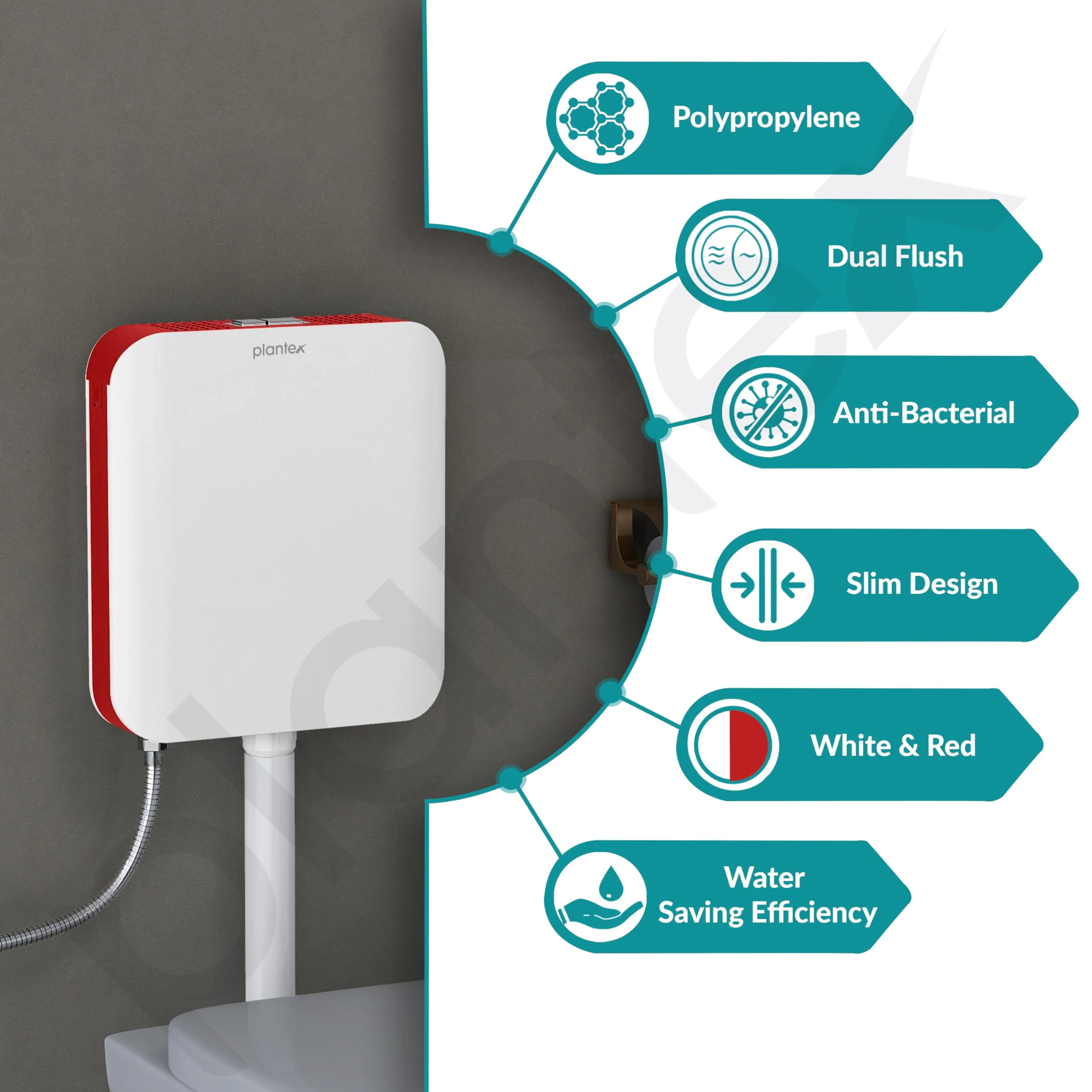 Plantex Flush Tank for Toilet/7 LTR Water Capacity Flushing Cistern/Polypropylene Slim Dual Tone Toilet Flush Tank - Pack of 1 (Red and White) - Image 5