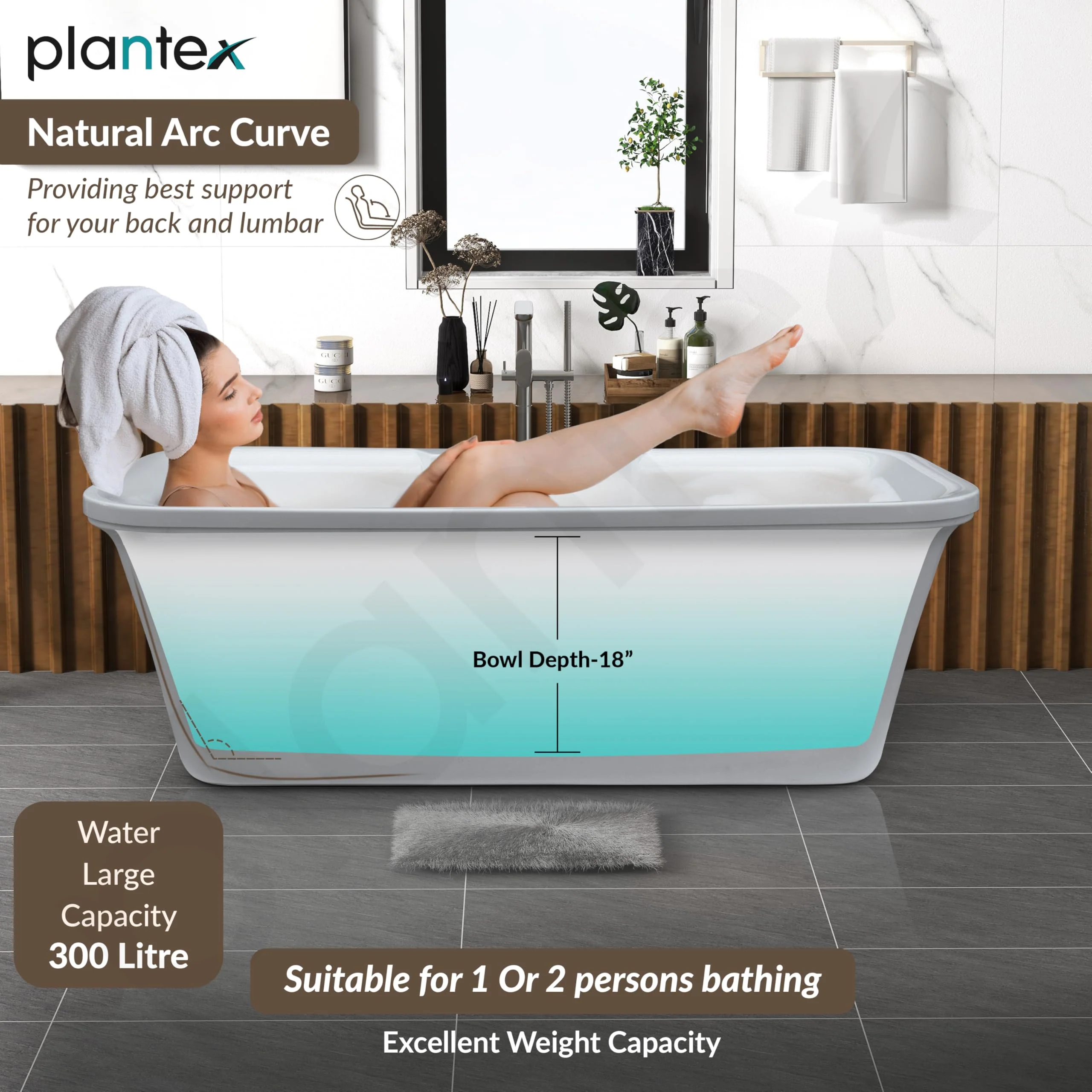 Plantex Freestanding Bathtub For Bathroom/Bath tub for Adults/Deep Soaker Bathtub with Overflow, Popup and Drain Pipe (BSM-219-White-1700mm) - Image 2