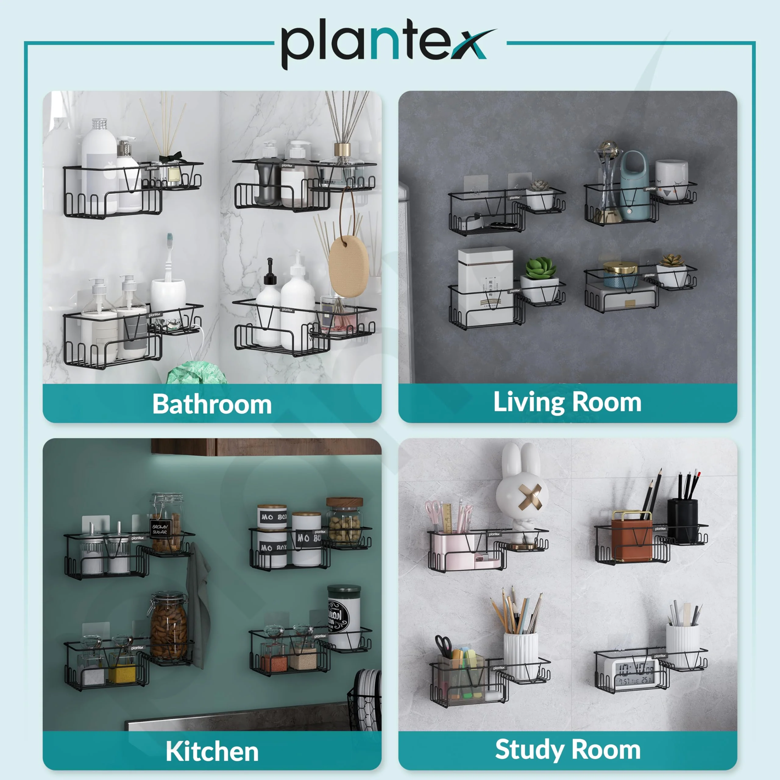 Plantex GI Steel Bathroom Accessories Self Adhesive/Self Adhesive Kitchen Shelf with Side Hooks to Hang Loofah, Soap Holder & Magic Stickers - Black, Powder Coated (Pack of 4) - Image 6