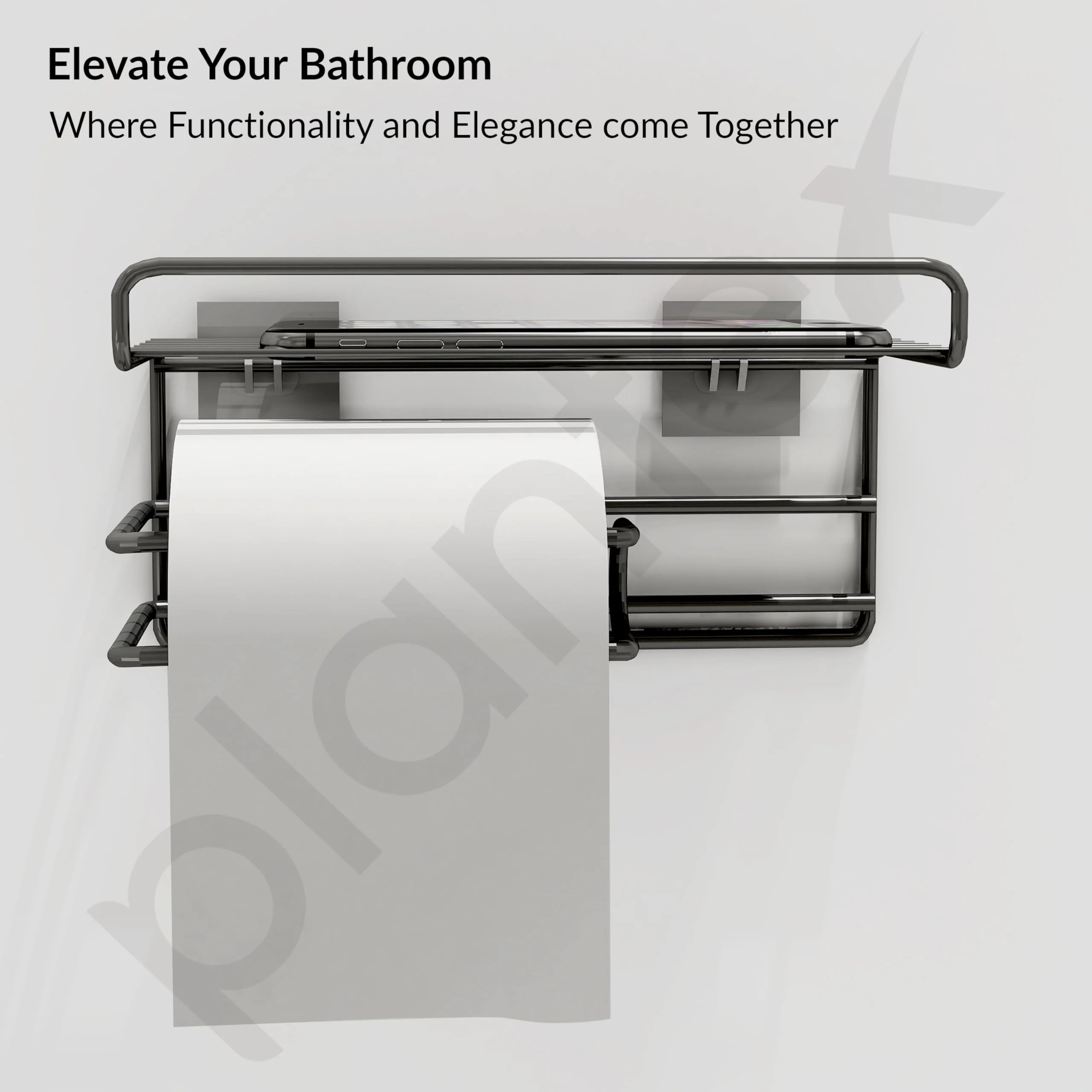 Plantex GI Steel Self Adhesive Toilet Paper Holder/Tissue Paper Roll Holder with Mobile Stand/Towel Bar Hanger Storage Rack/Bathroom Accessories(Black) - Image 4